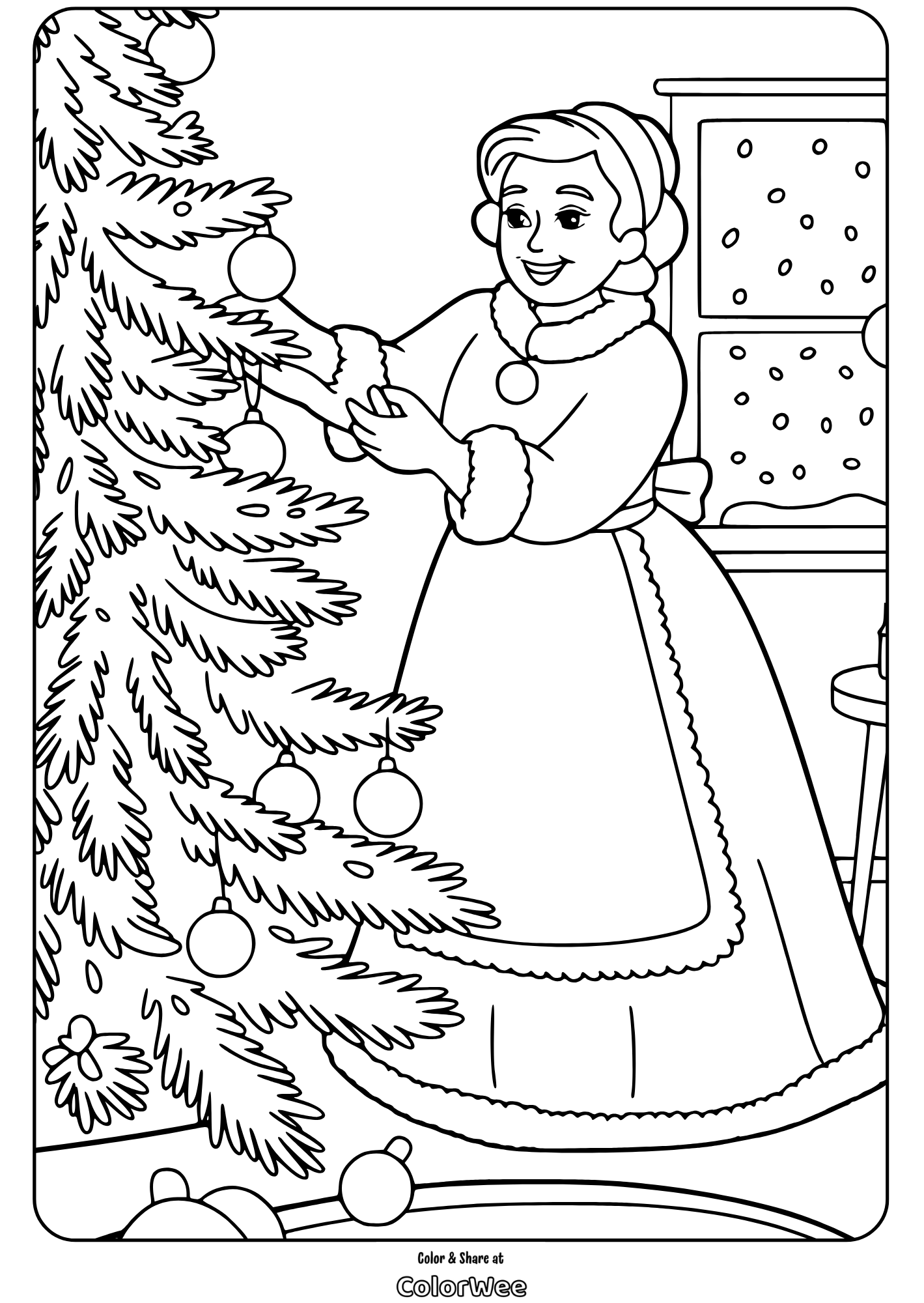 Woman decorating Christmas tree coloring page.