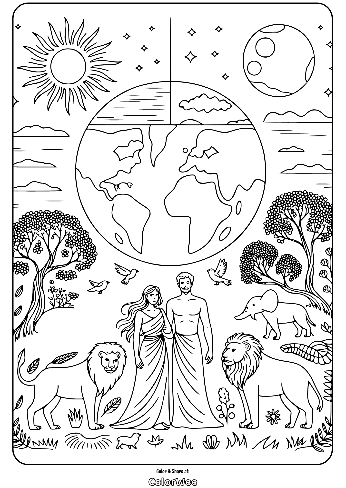 Nature scene with sun, moon, animals, couple, and globe illustration.