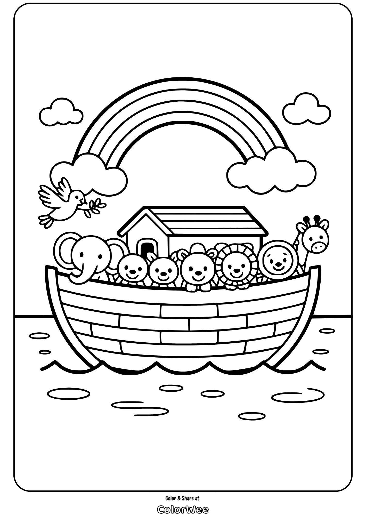 Noah's Ark coloring page with animals and rainbow.