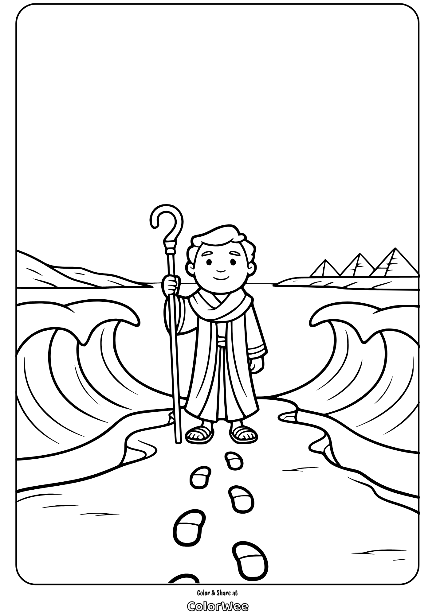 Coloring page of a figure parting the sea, with pyramids in the background.