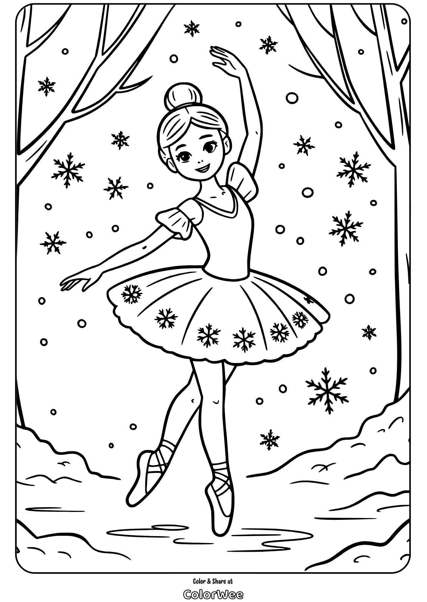 nutcracker ballerina dancing in snow coloring page Ballerina dancing in snow scene coloring page.