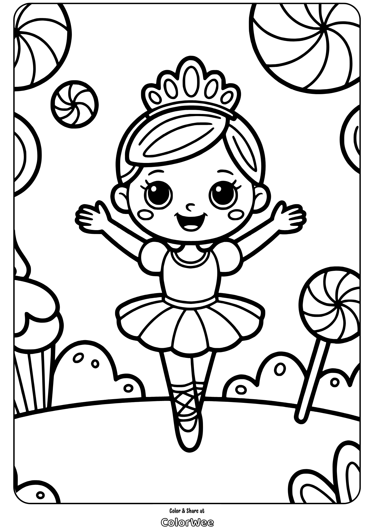 nutcracker ballerina in candyland coloring page Girl in tutu dancing in candy land coloring page.