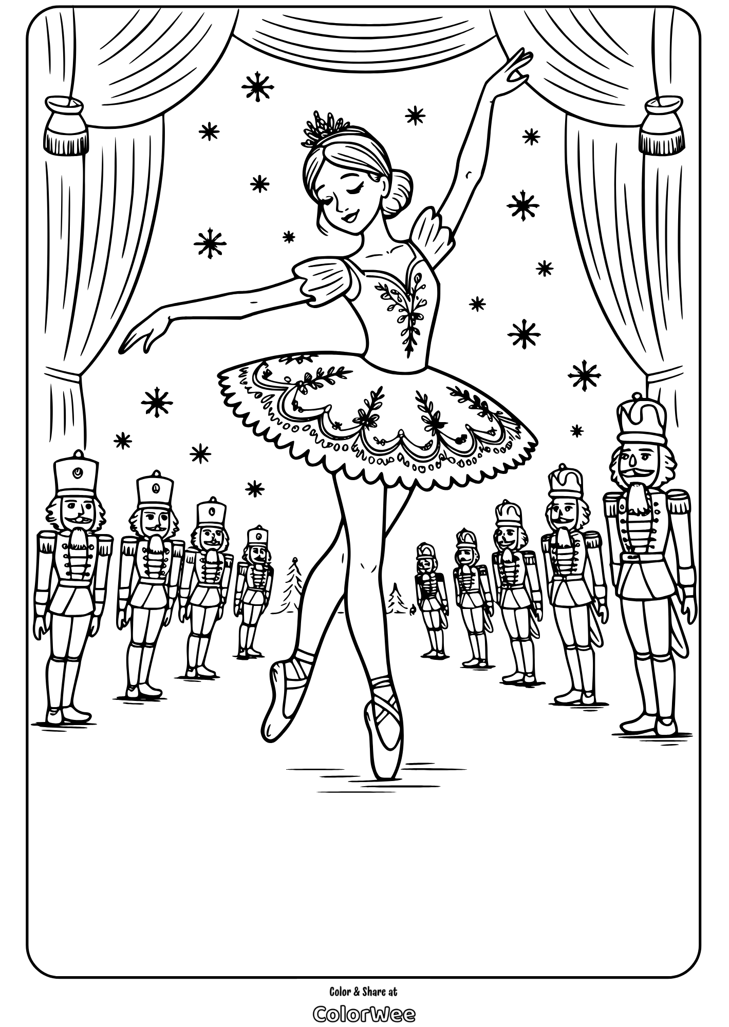 nutcracker ballerina on stage with soldiers coloring page Ballerina dancing with toy soldiers in Nutcracker scene coloring page.
