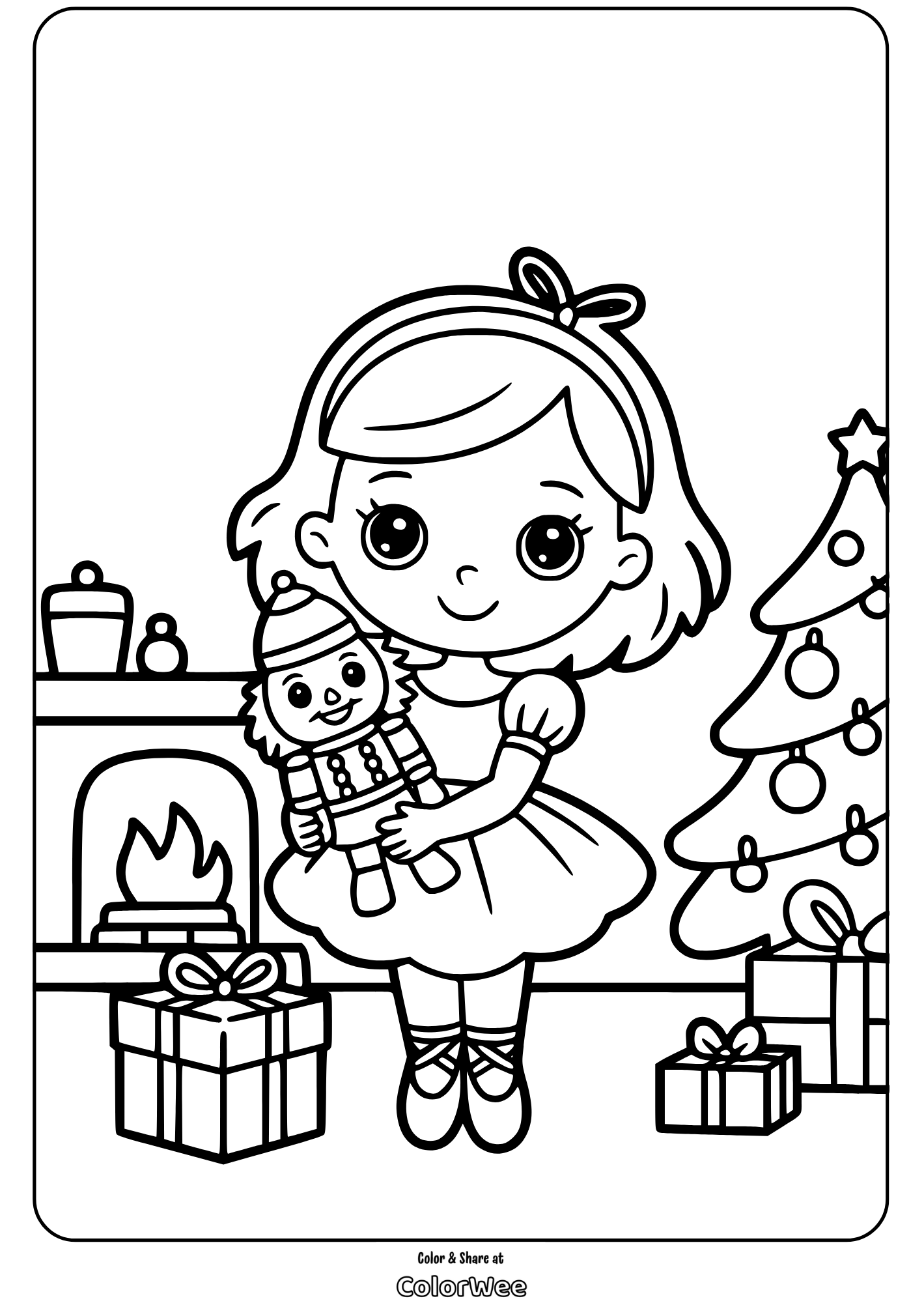 nutcracker ballerina with nutcracker doll coloring page Girl with doll by Christmas tree and fireplace coloring page.