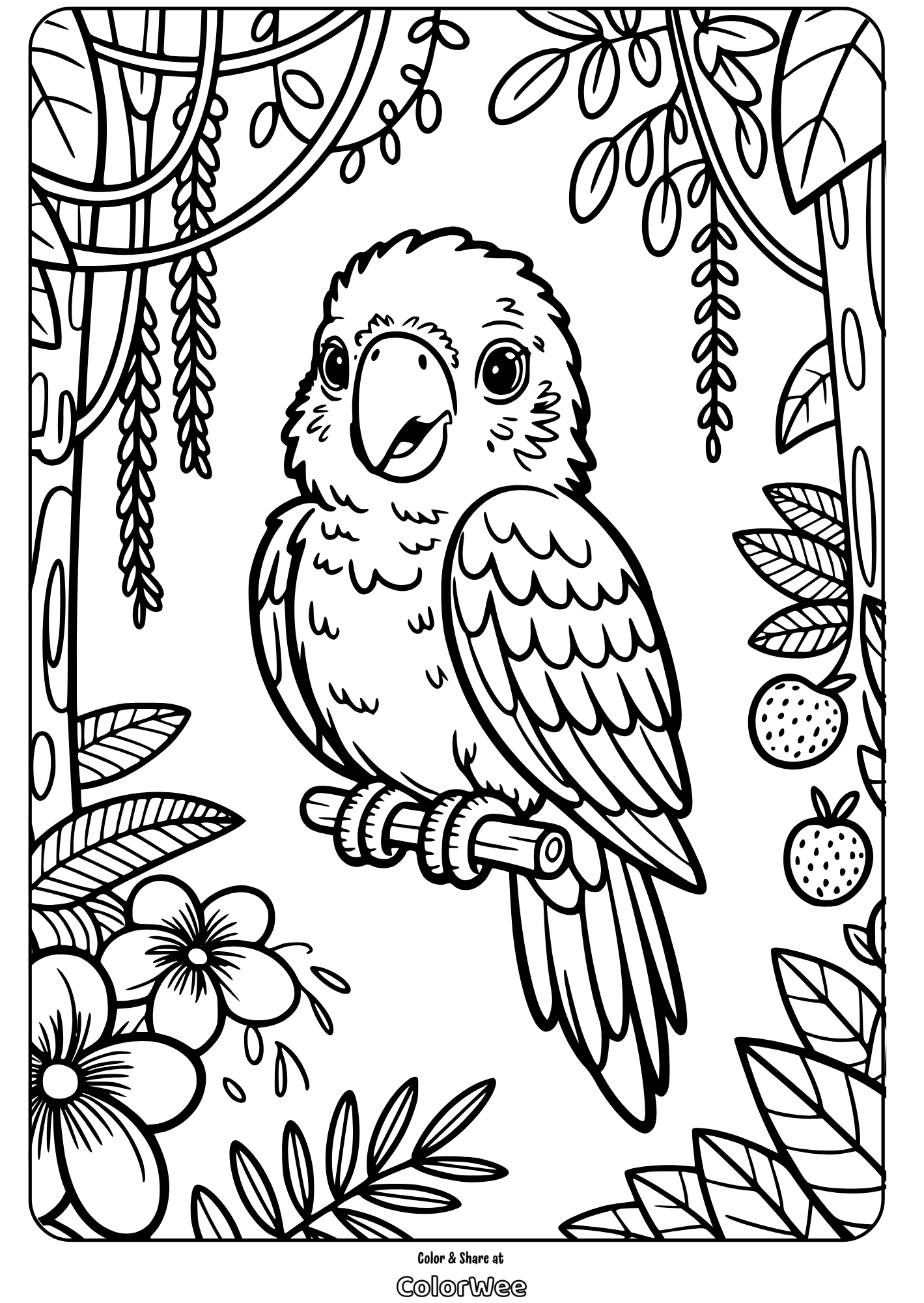 Parrot on a branch coloring page with jungle foliage.