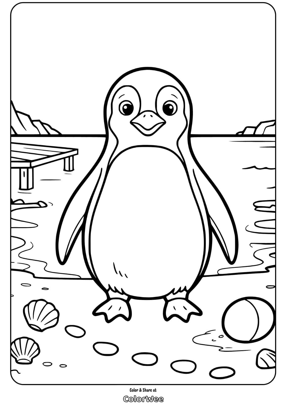 Penguin on the beach coloring page with shells and a ball.