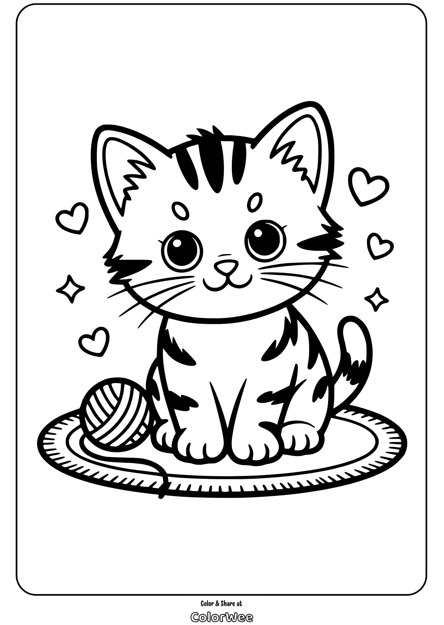 Cute kitten with yarn ball coloring page for kids.