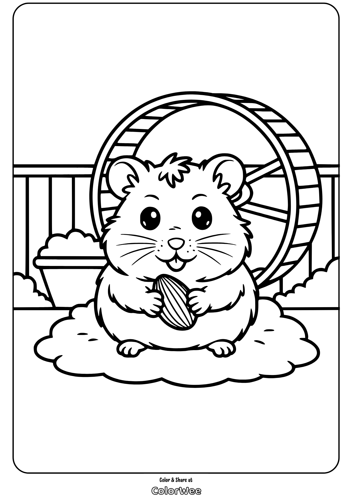 Cute hamster coloring page with wheel and seed design.