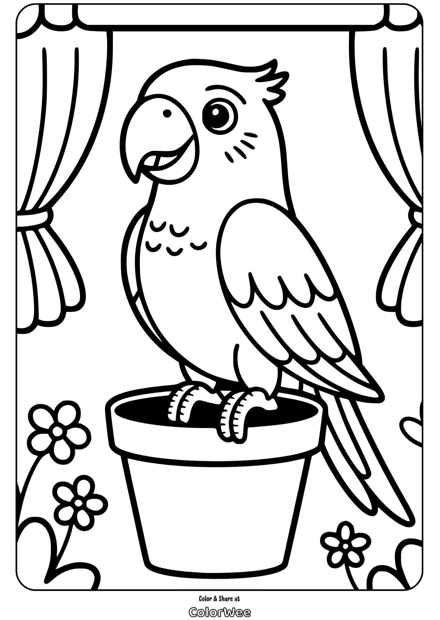 Parrot on a pot coloring page with flowers and curtains, free printable