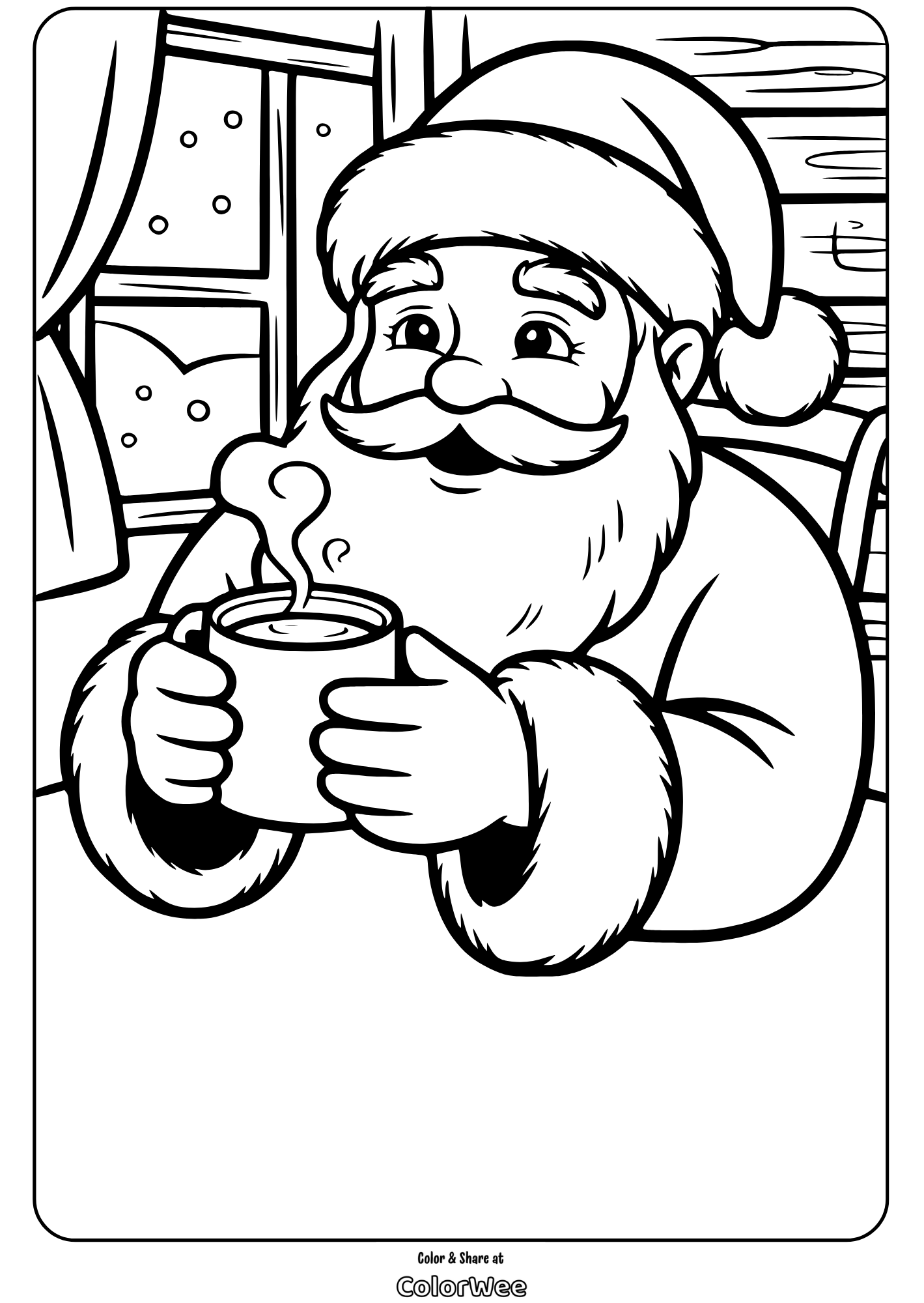 Santa sipping hot cocoa by the window on a snowy day coloring page.