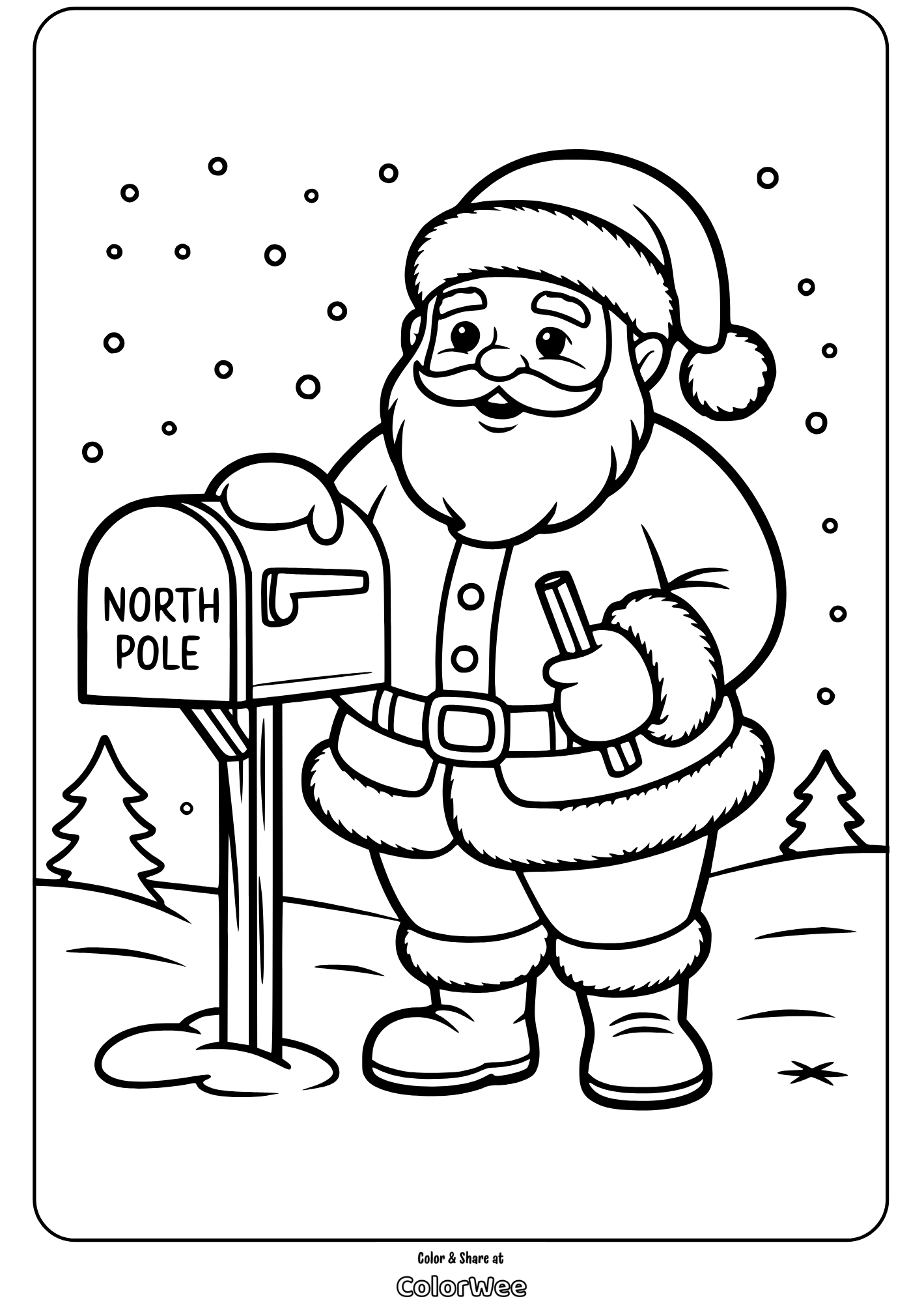 Santa at North Pole mailbox, snowy background coloring page.