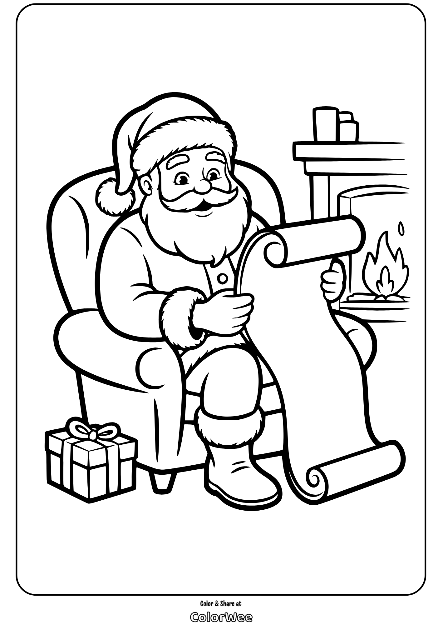 Santa coloring page with list, gift, and cozy fireplace scene.
