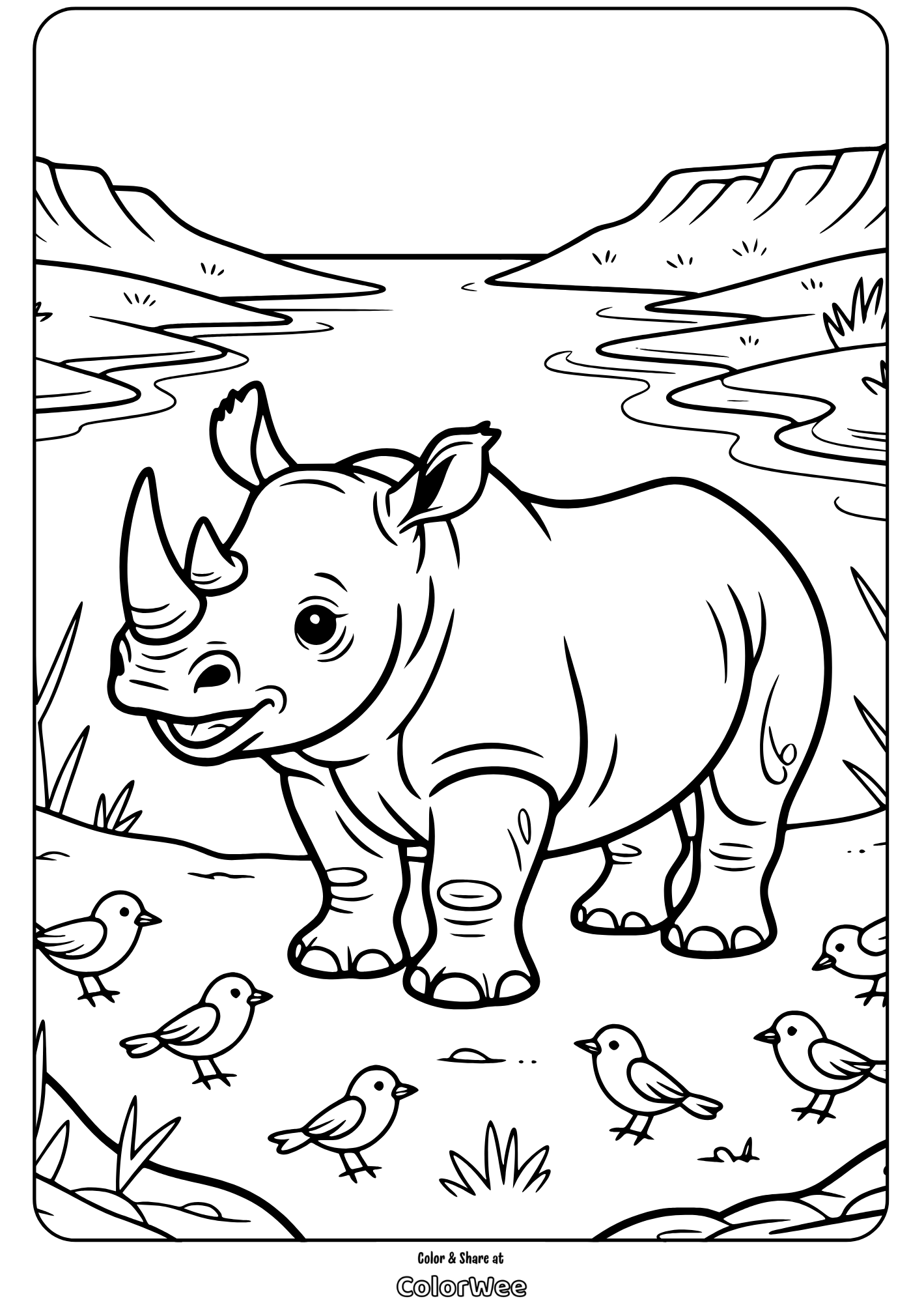 rhino coloring page with birds by a river landscape Rhino coloring page with birds by a river landscape.