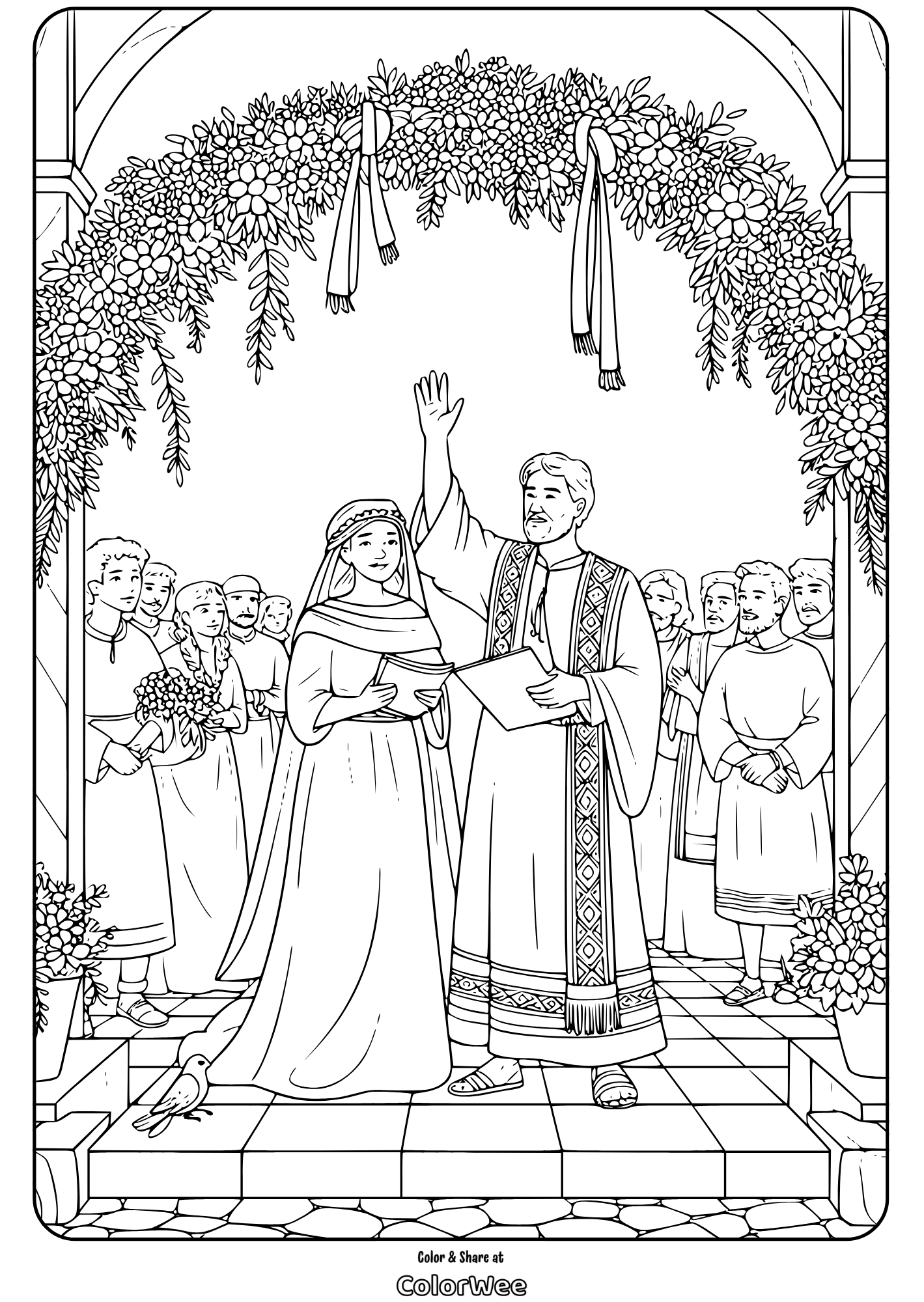 Medieval wedding ceremony coloring page with floral arch.