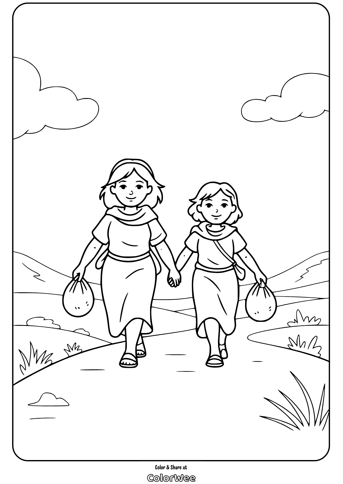 Two girls walking and holding hands with bags in a scenic landscape.