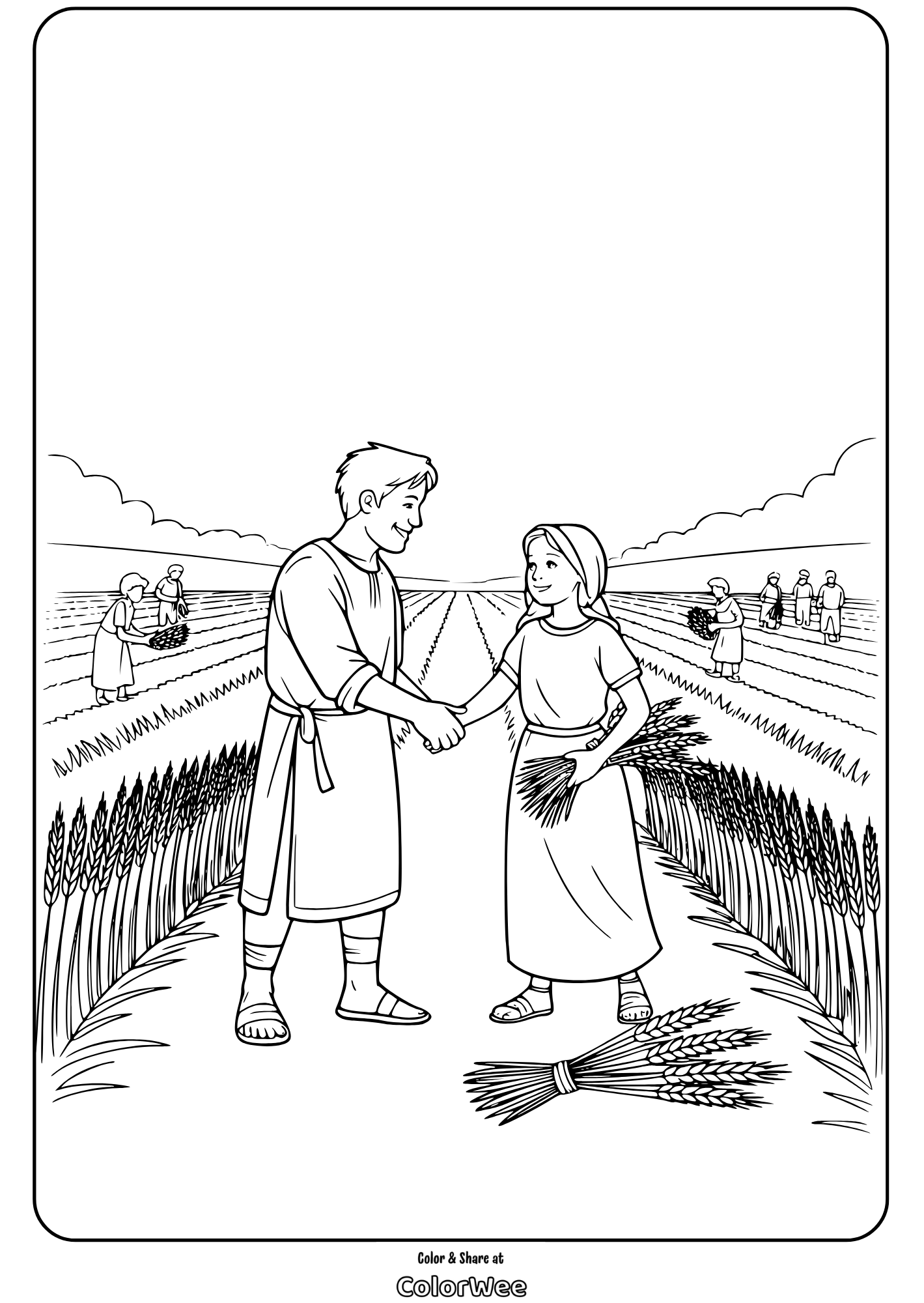 Field workers shaking hands illustration for coloring page.
