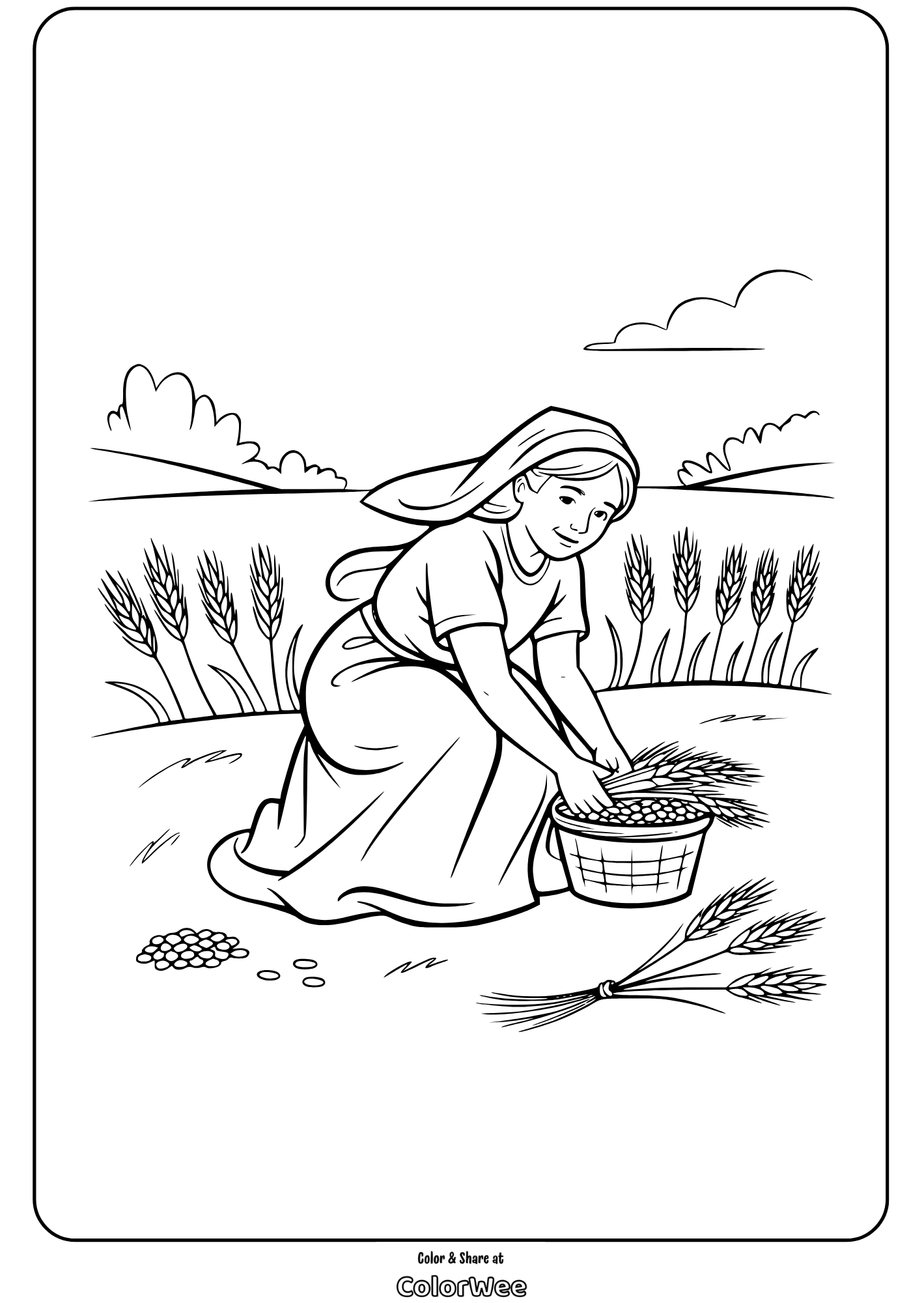 Woman Harvesting Wheat Coloring Page.