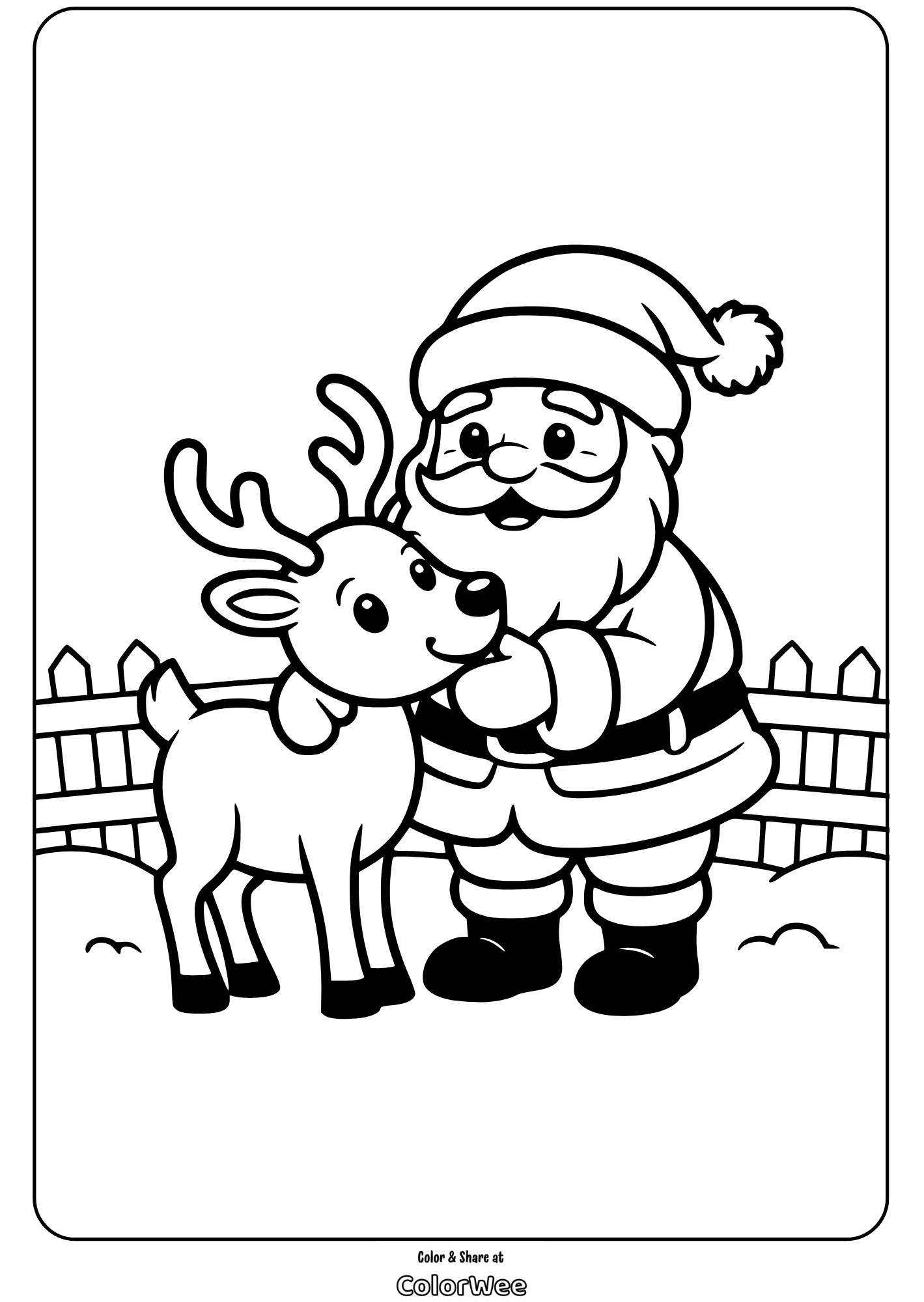 Santa Claus and reindeer coloring page for kids.