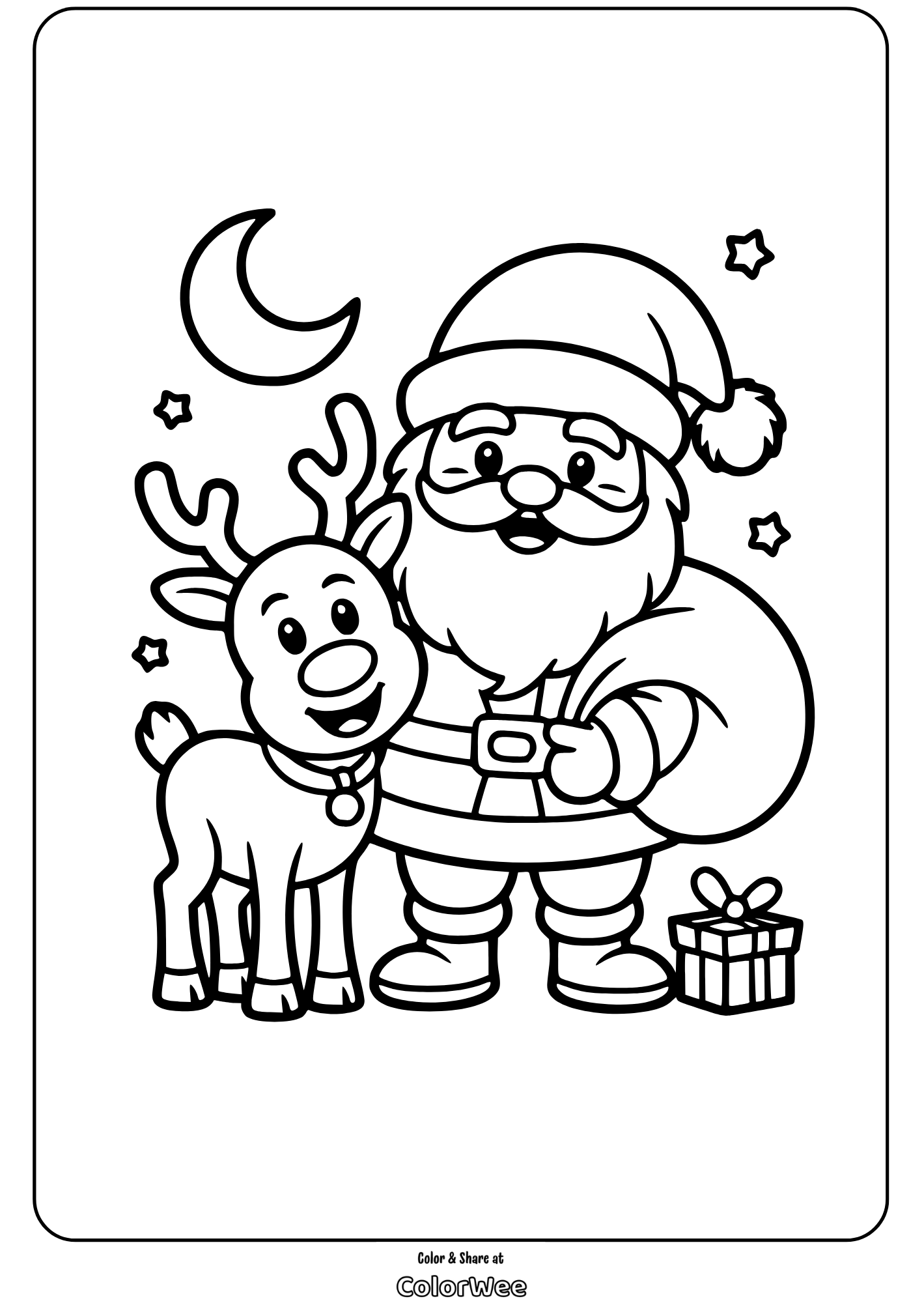 Santa and reindeer coloring page for Christmas fun and creativity.