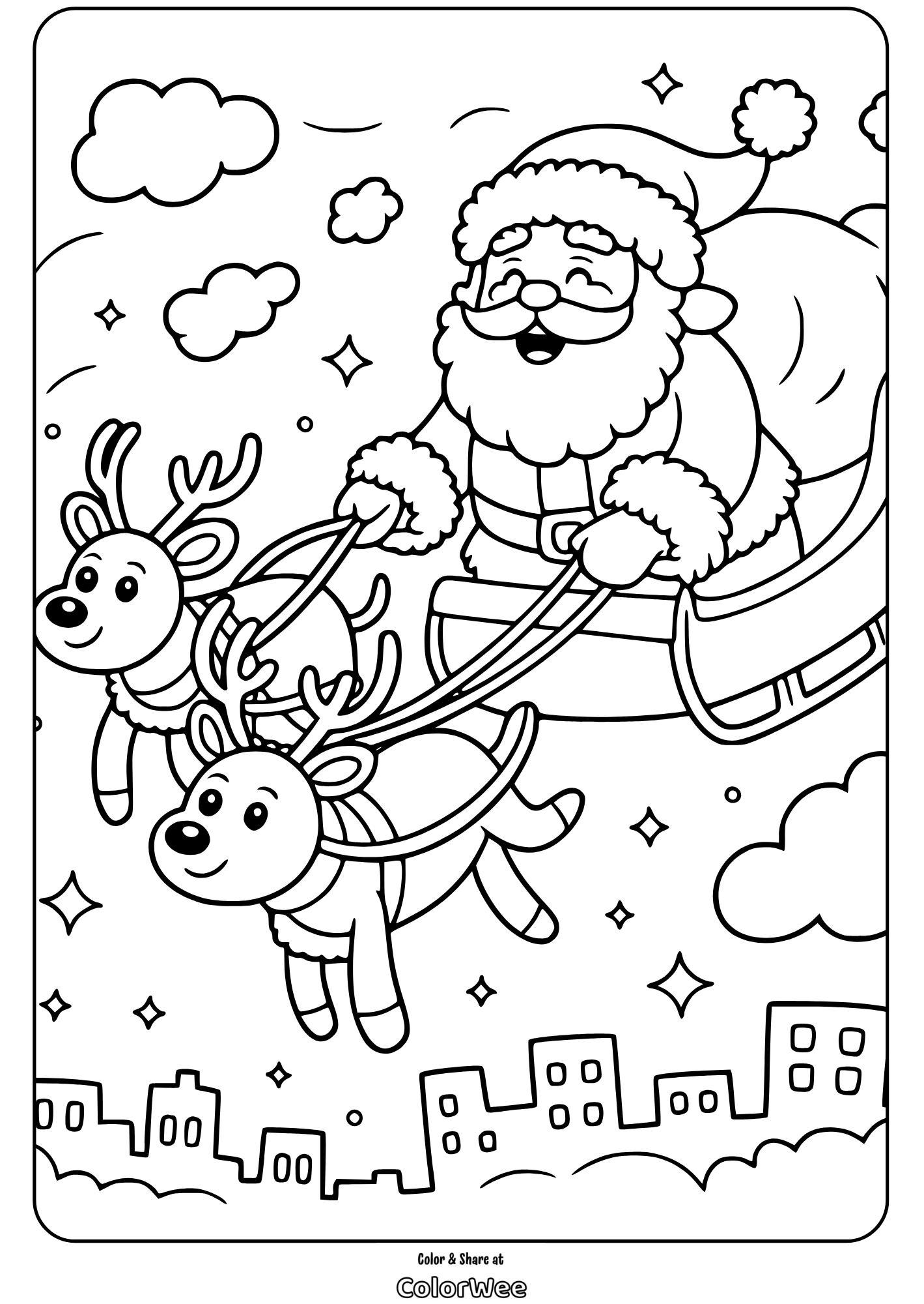 Santa flying with reindeer coloring page.