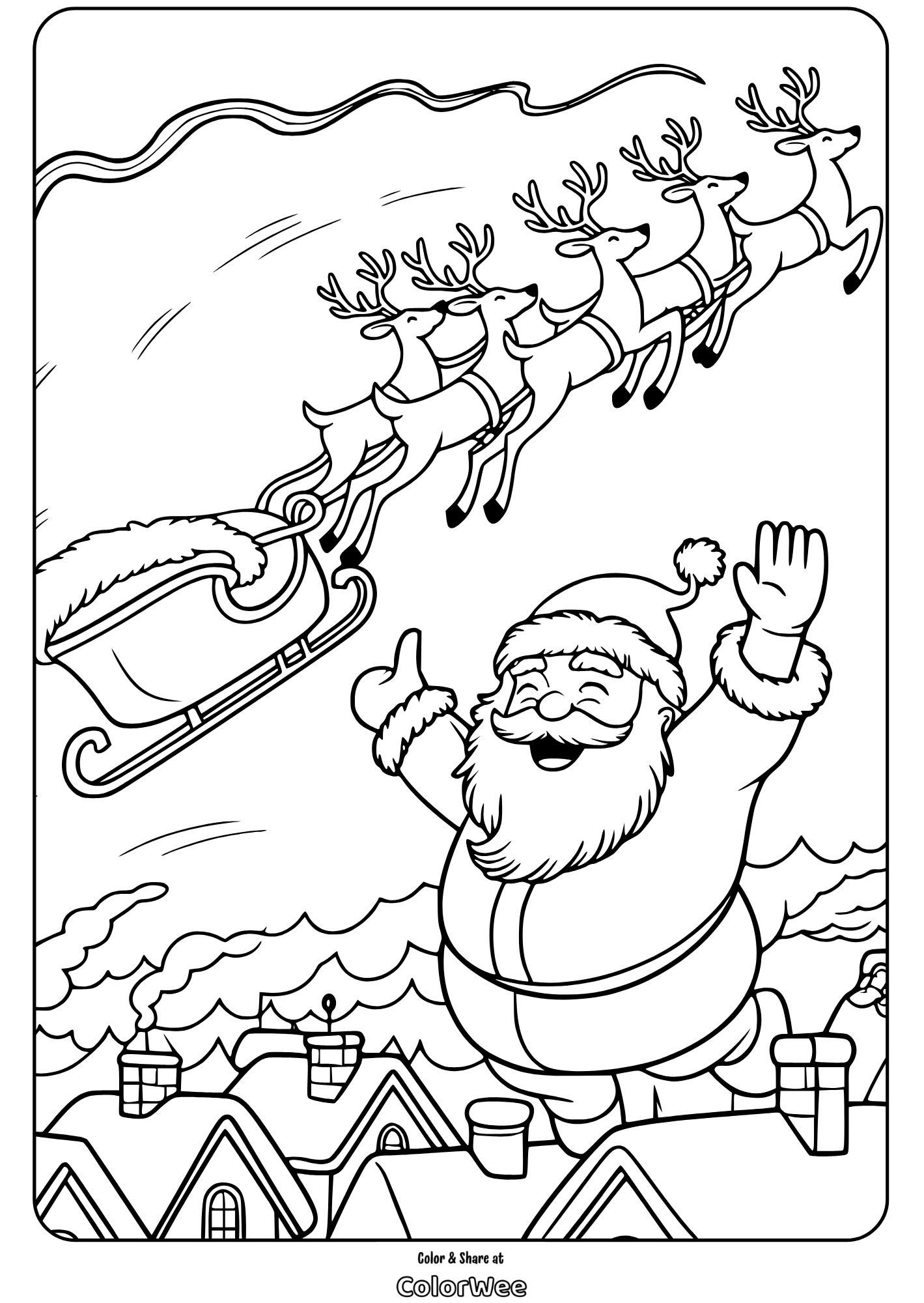 Santa waving with reindeer sleigh in sky coloring page.