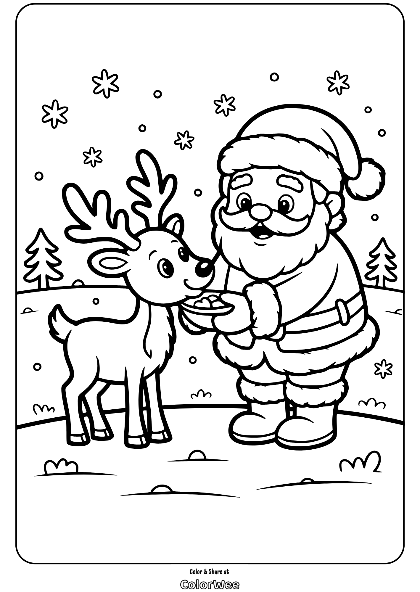 Santa and reindeer coloring page, winter scene with snowflakes.