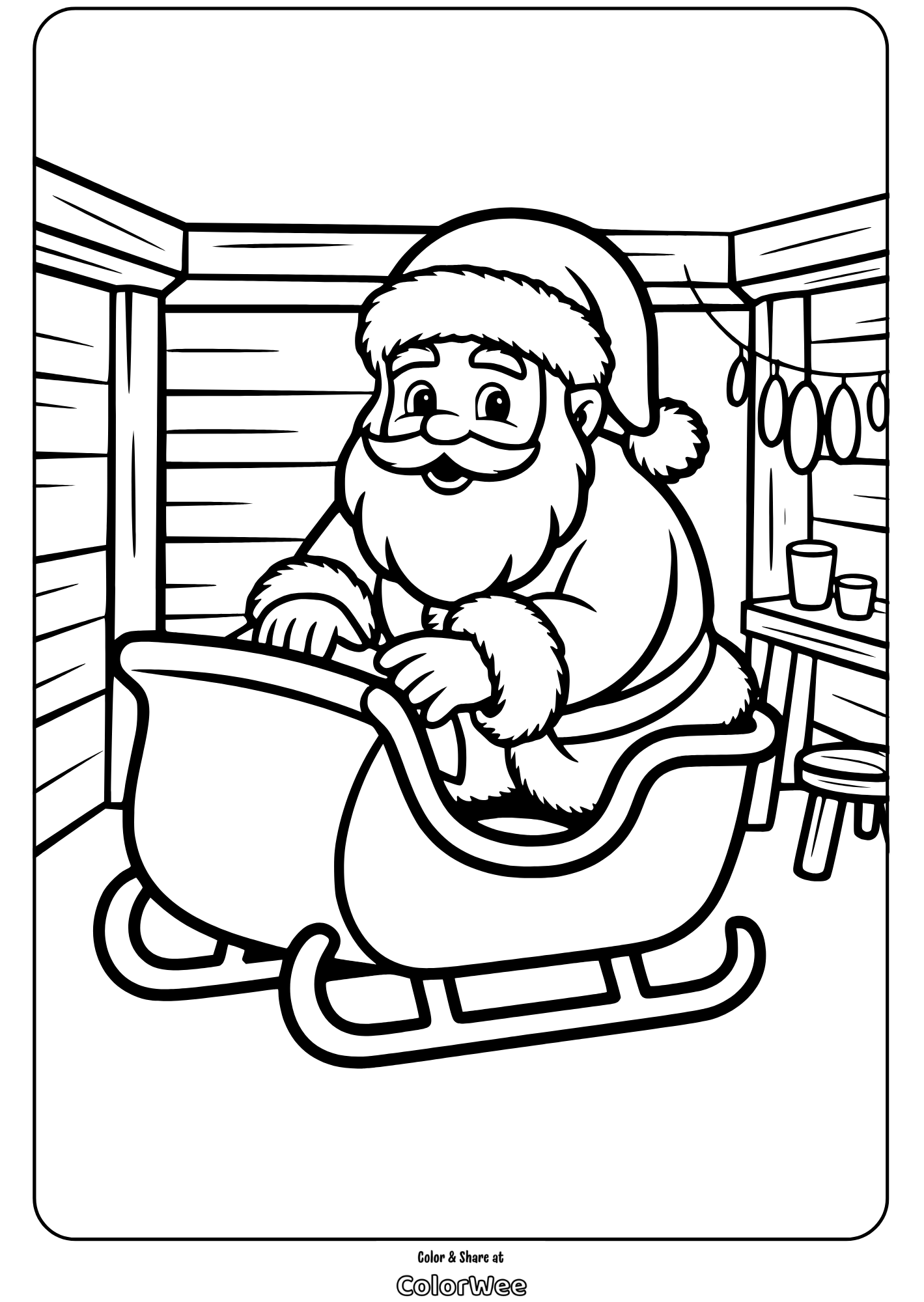 Santa in a sleigh coloring page for kids.