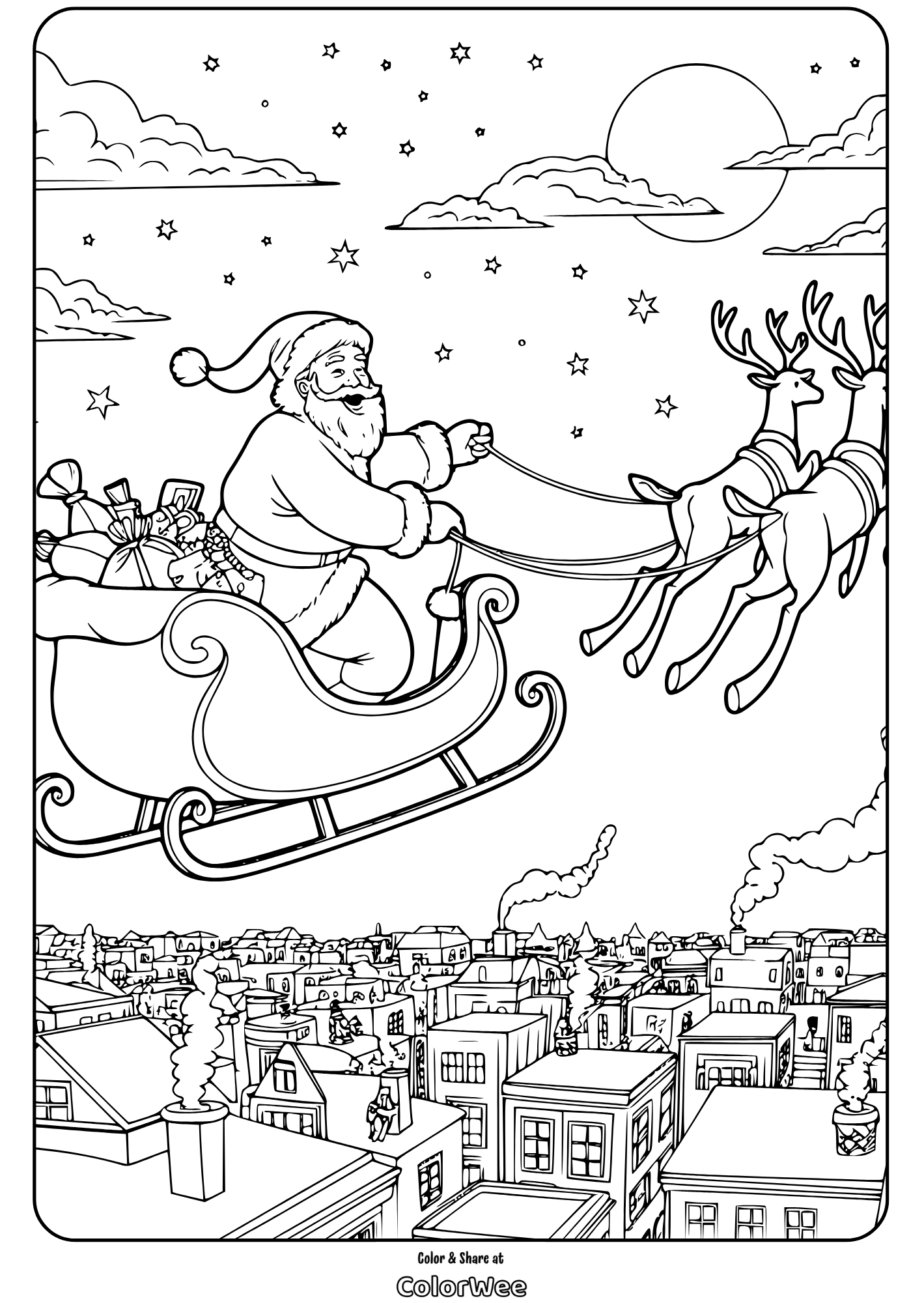 Santa flying over rooftops in sleigh with reindeer on Christmas Eve.