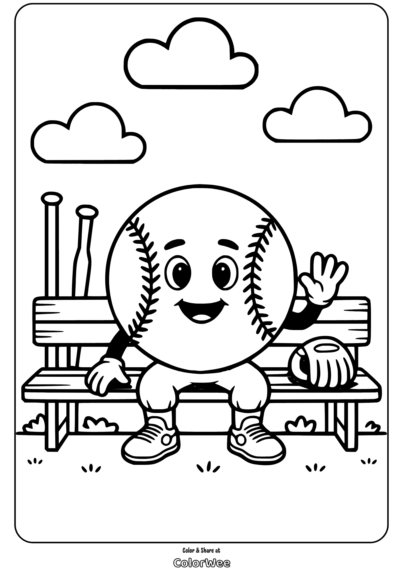 smiling baseball character on a bench waving and greeting Smiling baseball character on a bench, waving and greeting.
