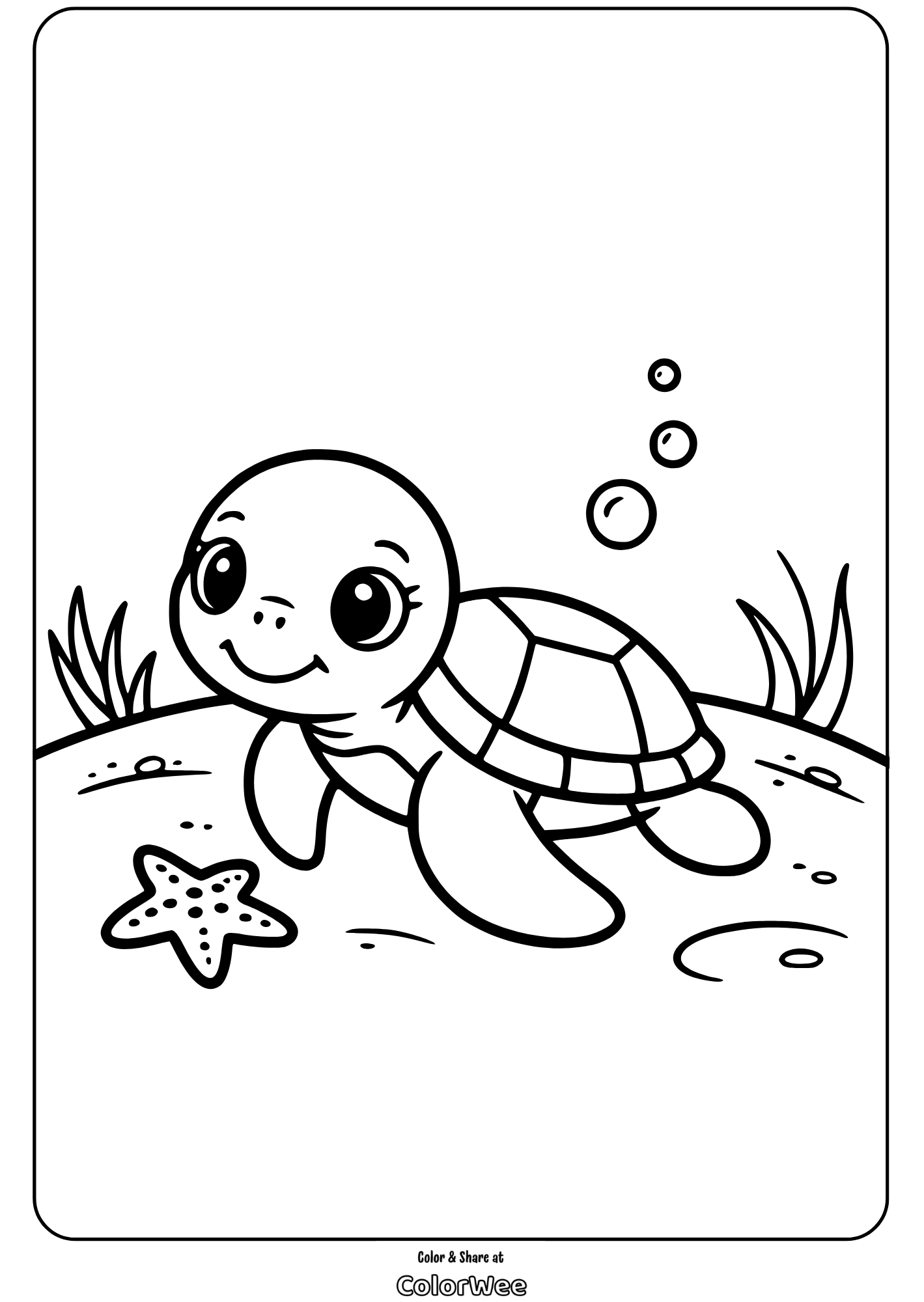 Cute sea turtle coloring page for kids with starfish and bubbles.
