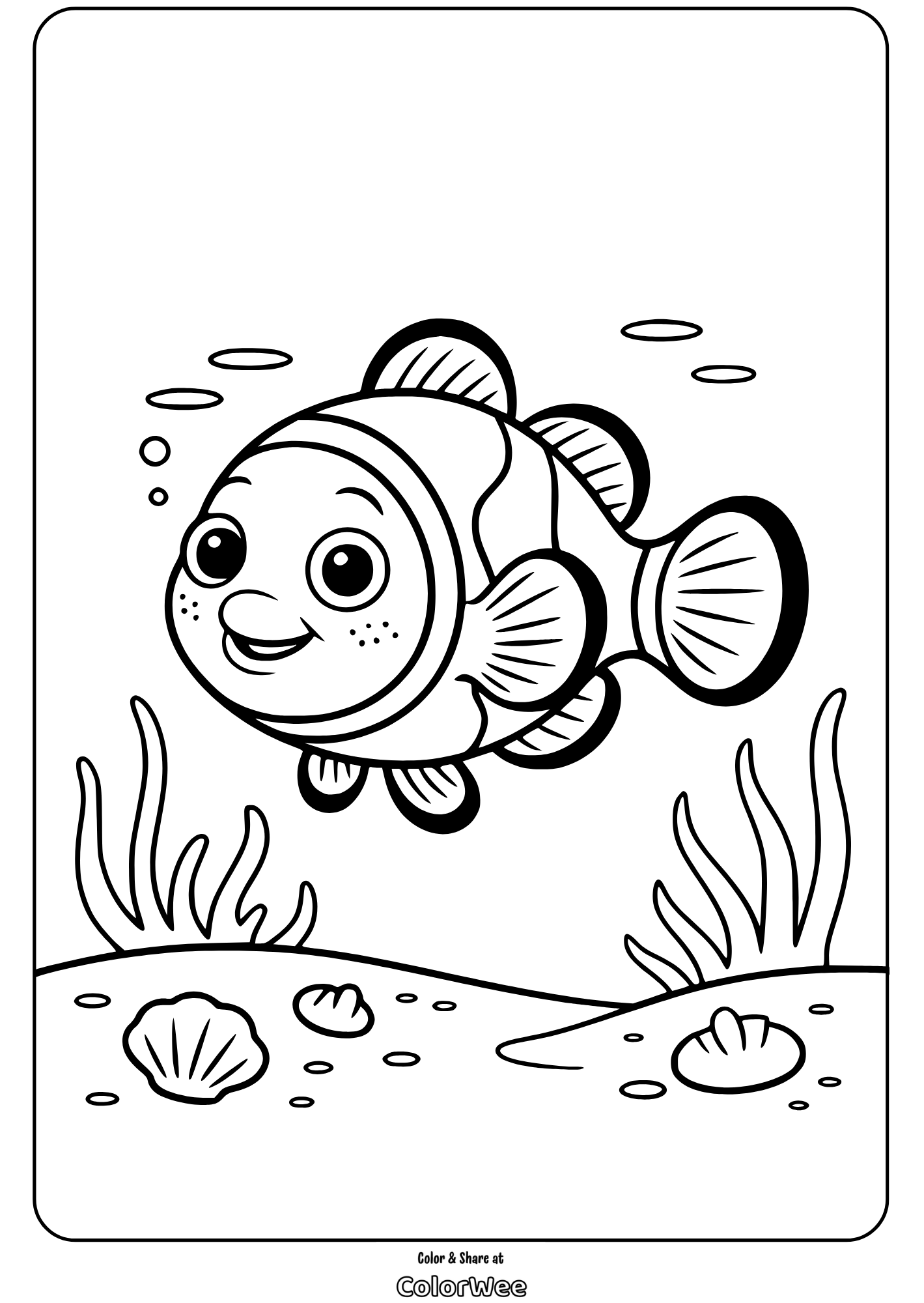 Happy clownfish coloring page for kids.