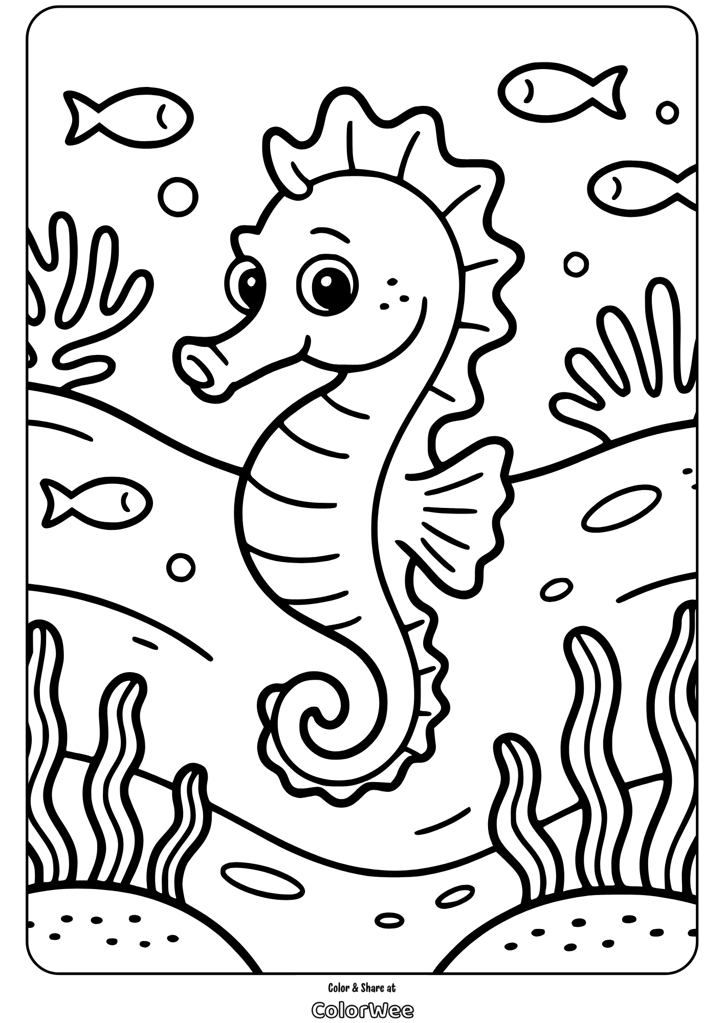 Seahorse and fish underwater coloring page for kids.