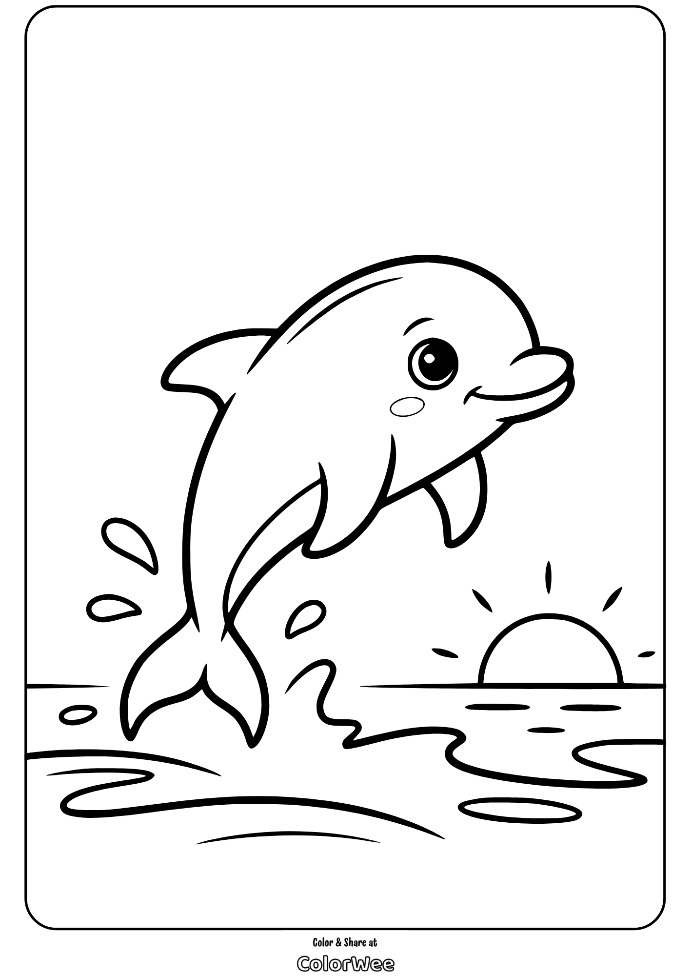 Dolphin jumping at sunset coloring page.