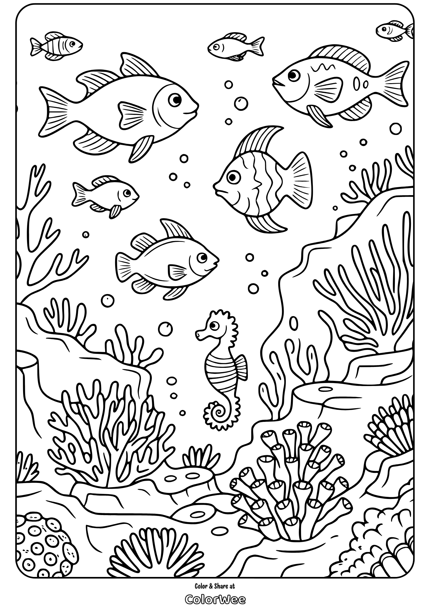 Underwater scene with fish and seahorse coloring page