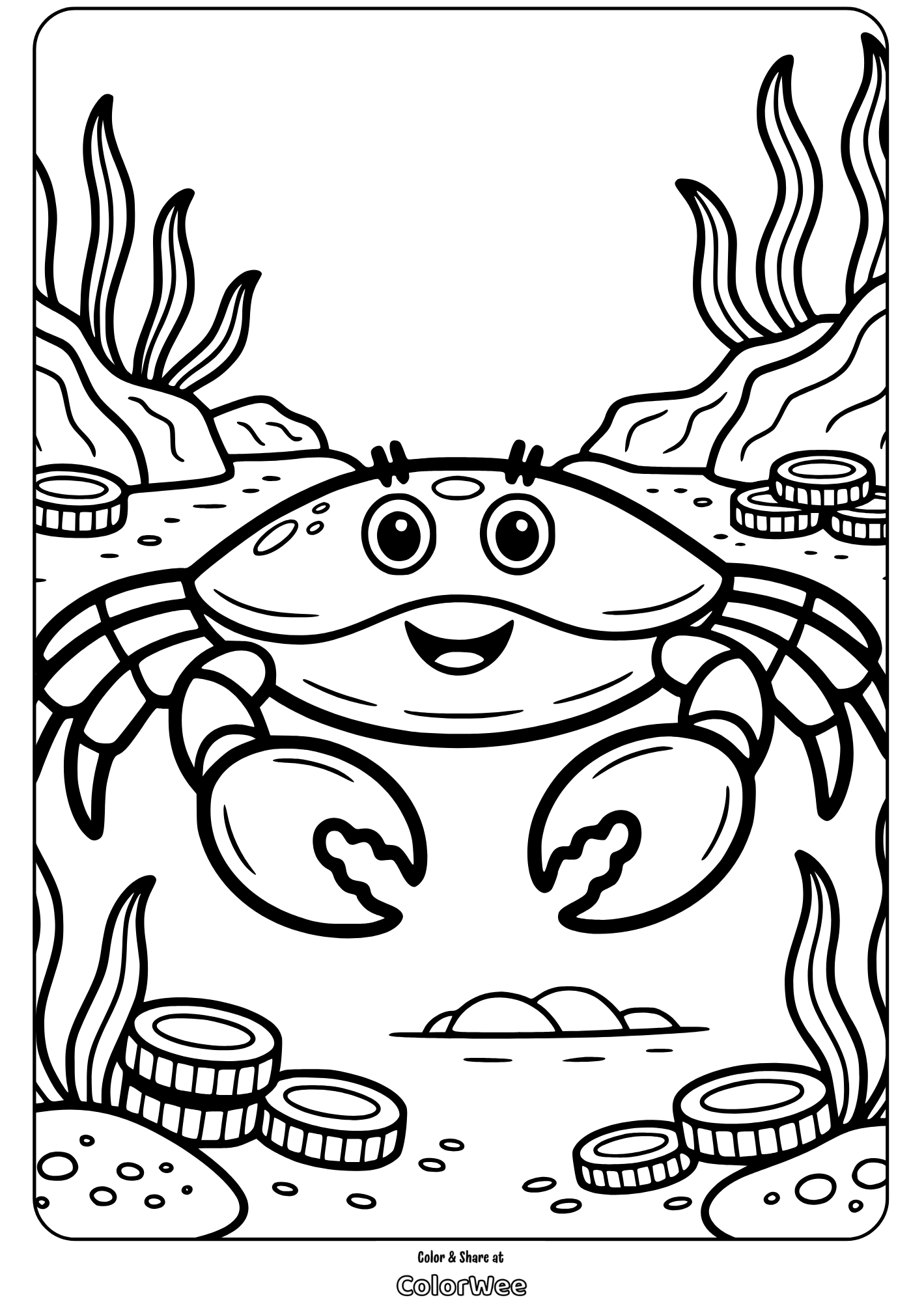 Smiling crab coloring page with underwater treasure and seaweed.