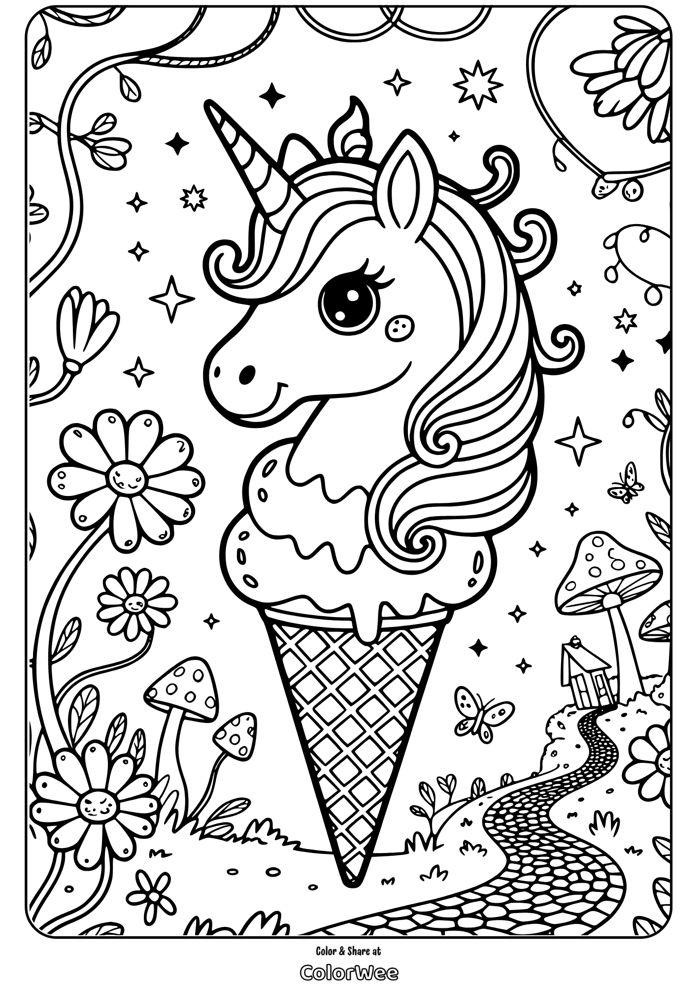 Unicorn ice cream cone coloring page with flowers and stars.