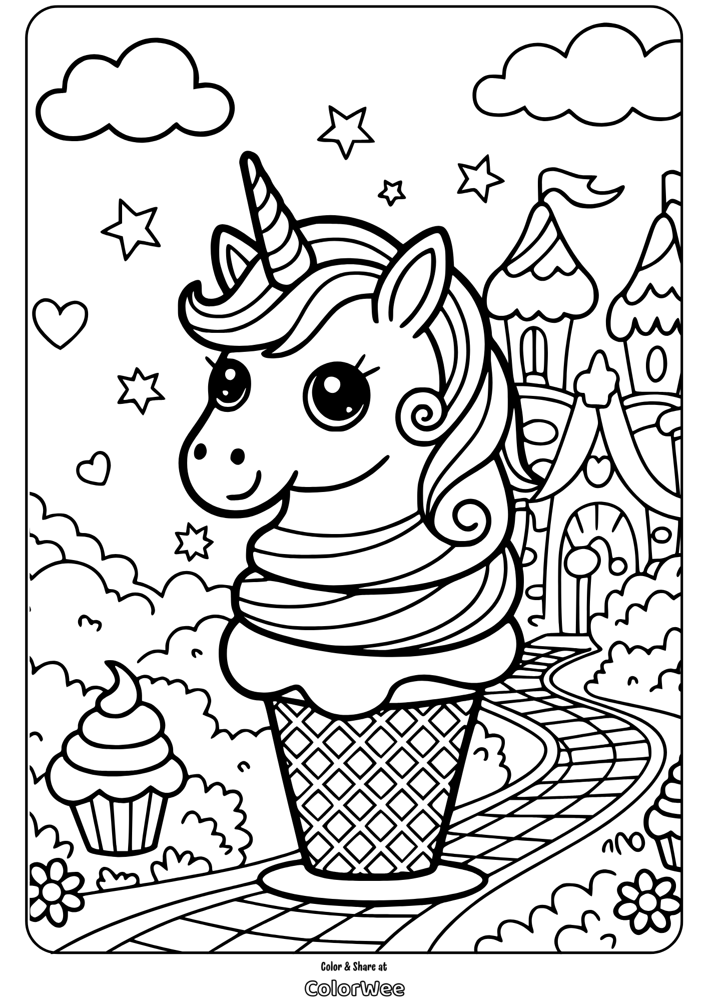 Unicorn ice cream cone coloring page with stars and castle.