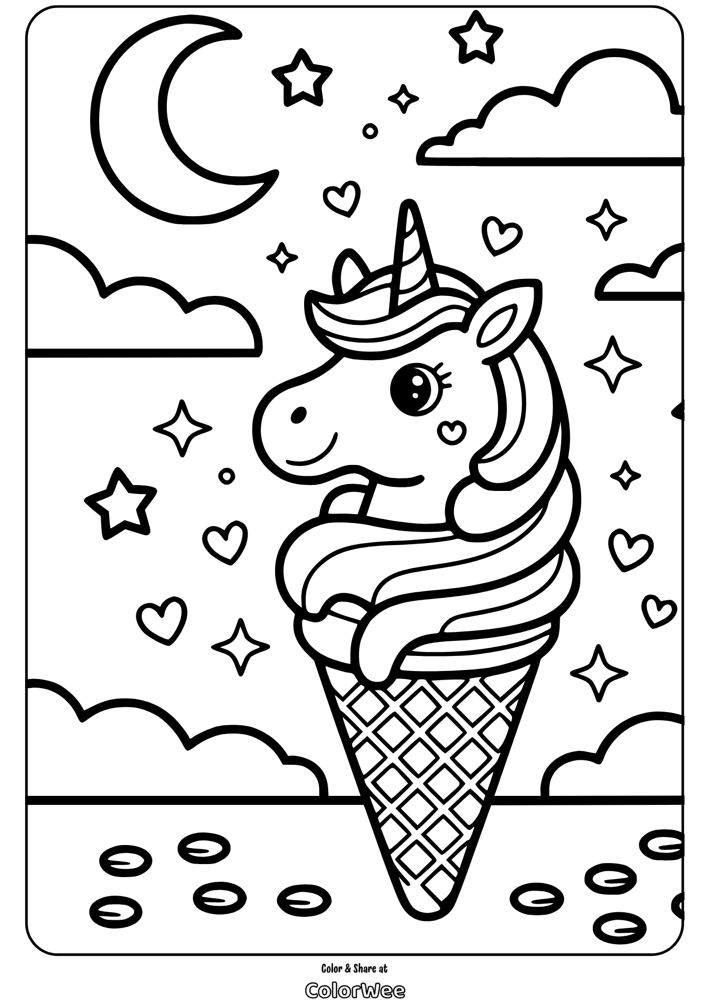 Unicorn ice cream cone coloring page with stars and moon.