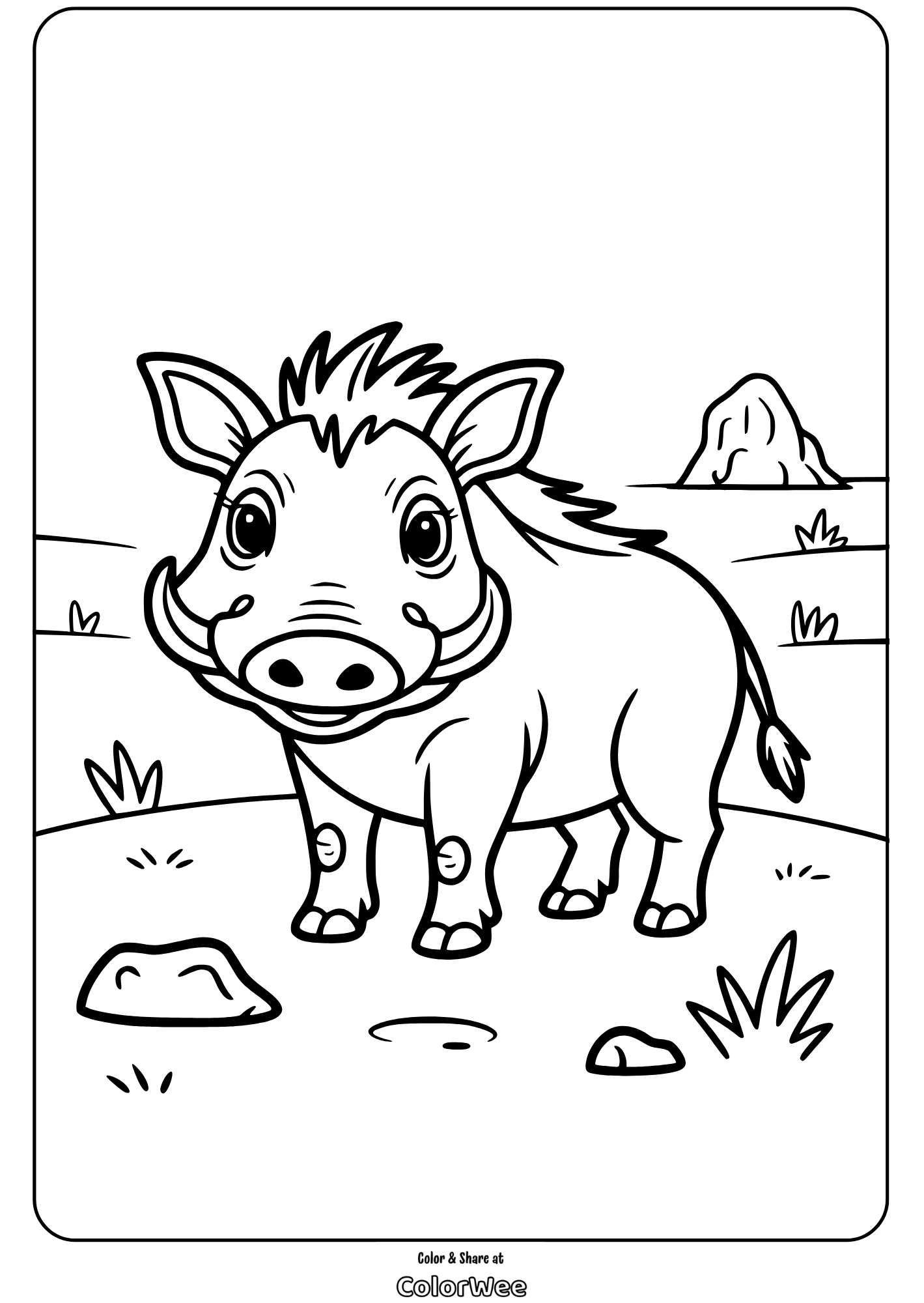 warthog coloring page for kids with landscape background Warthog coloring page for kids with landscape background.