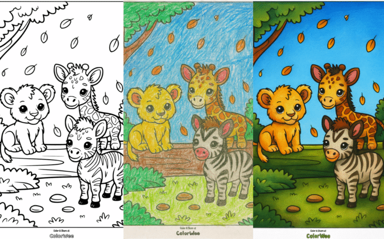 Lion, giraffe, and zebra animals in a forest coloring page.