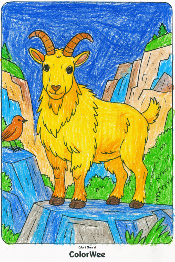 Yellow goat on a cliff with a bird and mountains background coloring page.