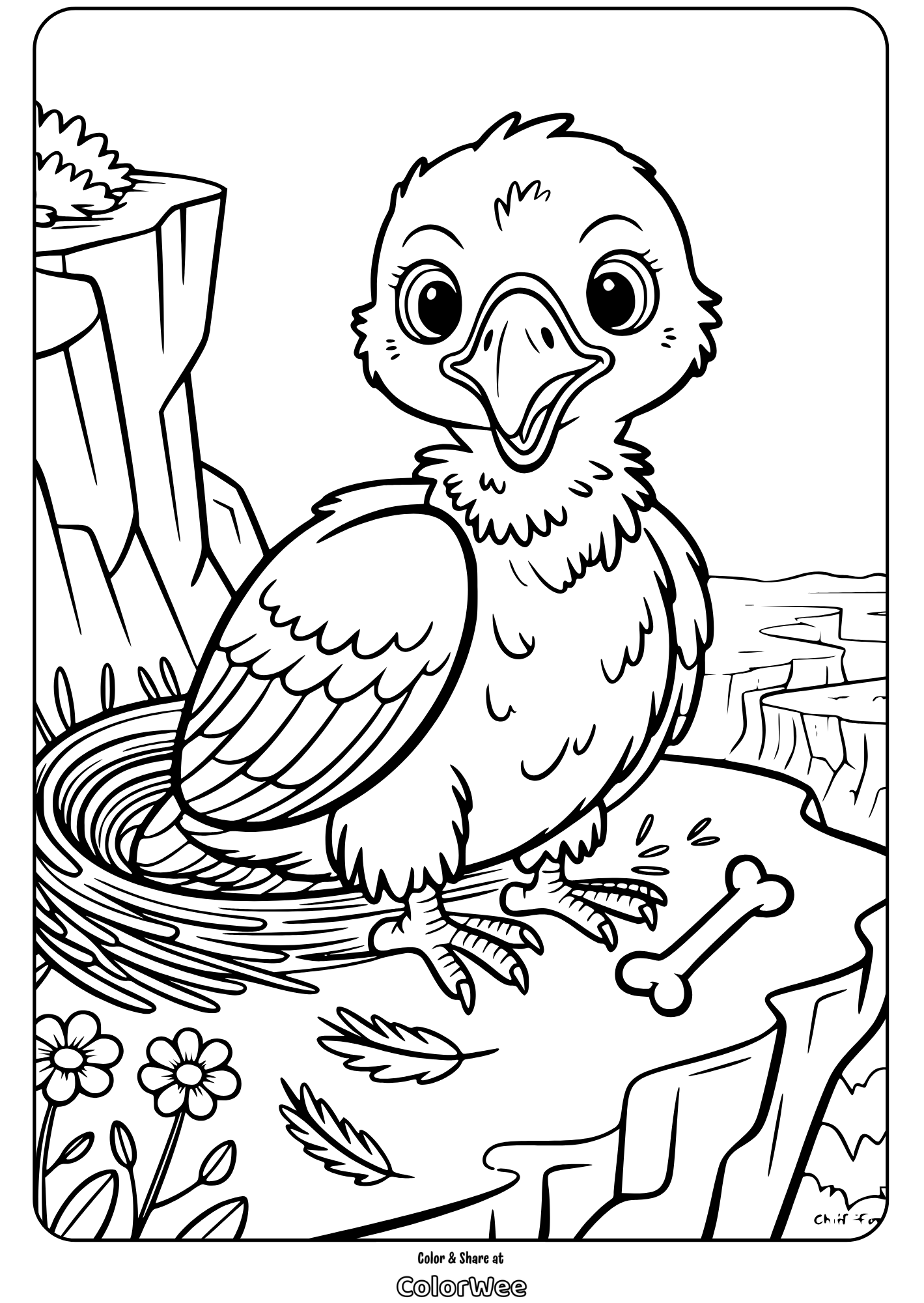 Young bird in nest, coloring page on a cliff.