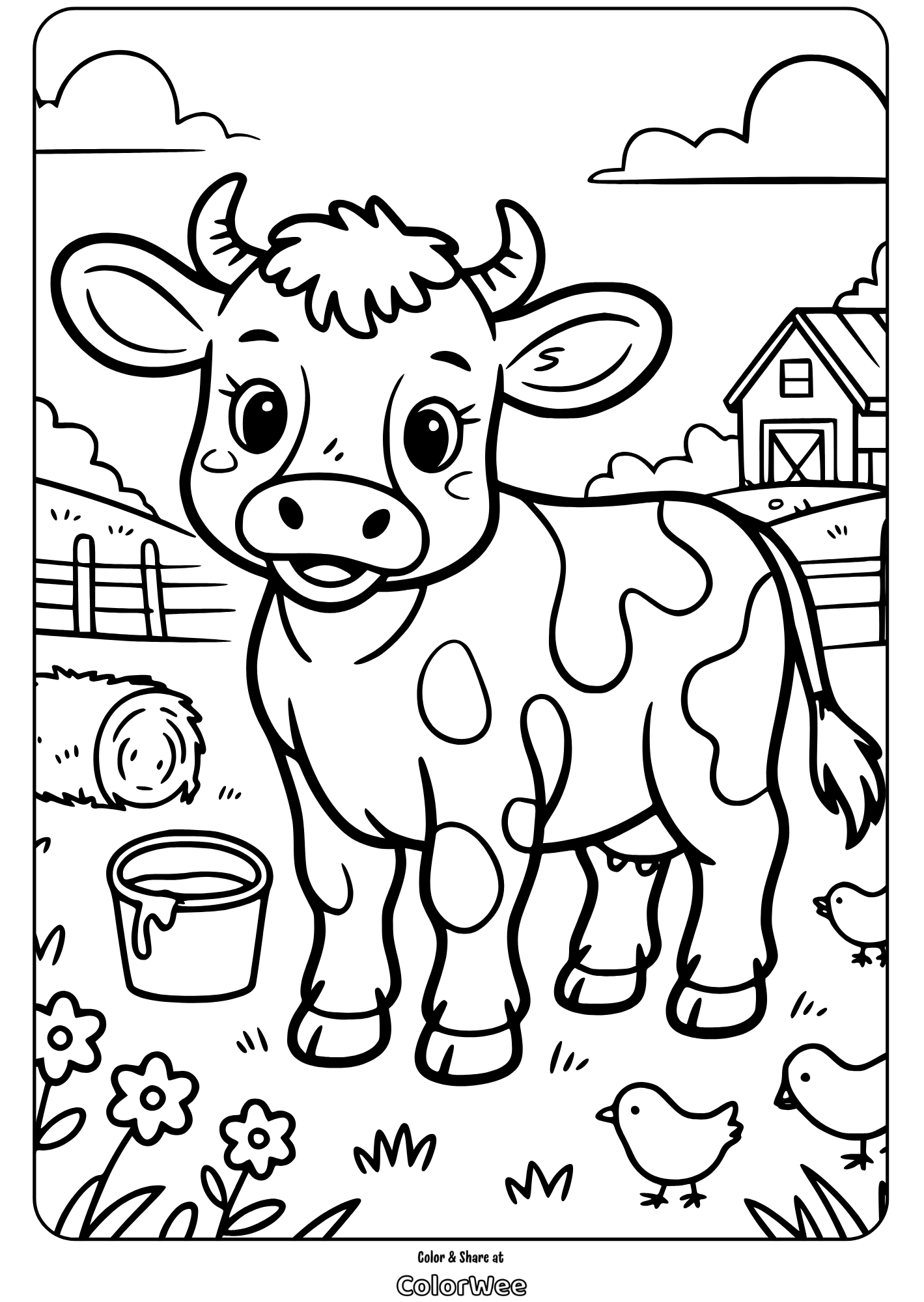 Cute cow coloring page with barn and farm animals.
