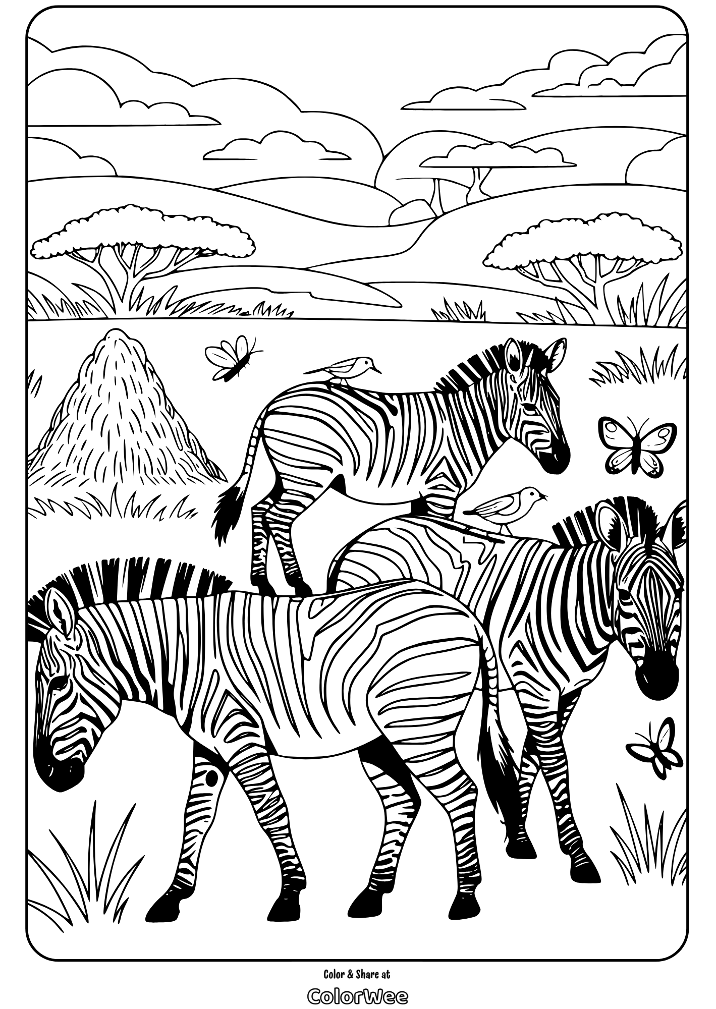zebra coloring page with birds and butterflies in safari setting Zebra coloring page with birds and butterflies in safari setting.