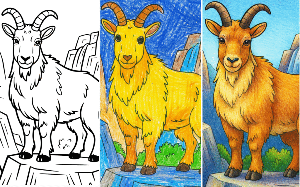 Mountain goat coloring page with progressive coloring examples.