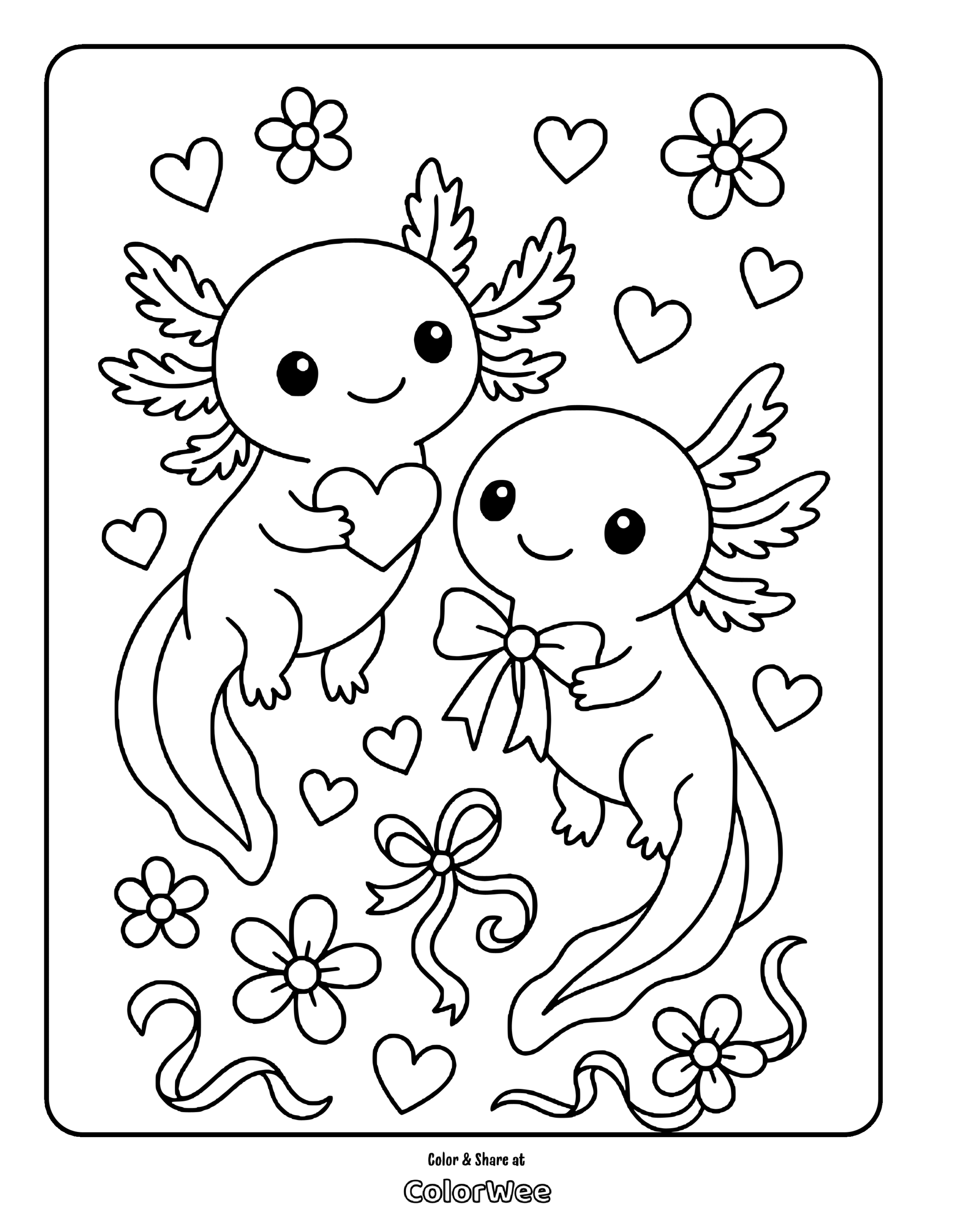 Cute axolotls with hearts and bows coloring page for kids.