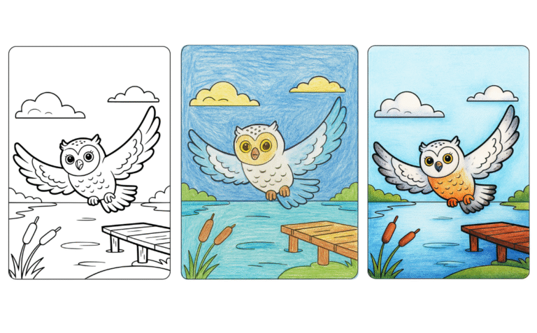 Coloring page of an owl flying over a pond with a dock and cattails.