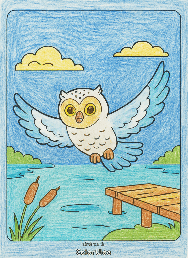 White owl flying over a peaceful lake with blue sky.