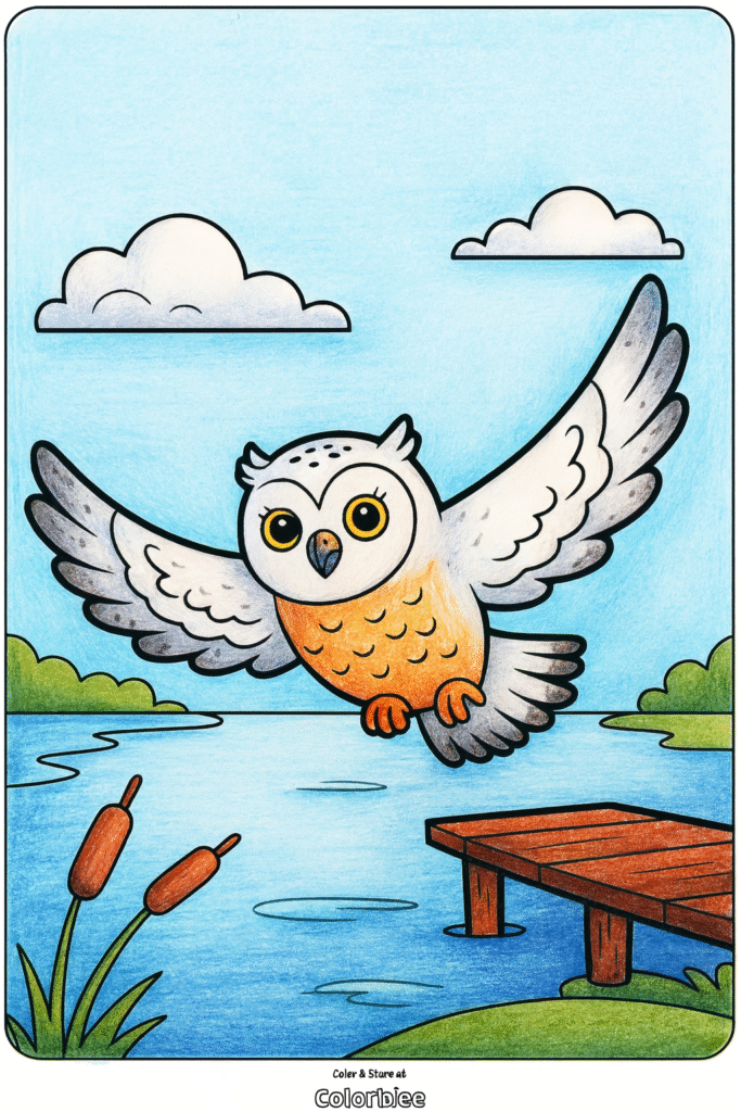 Flying owl over a serene lake, perfect for coloring fun.