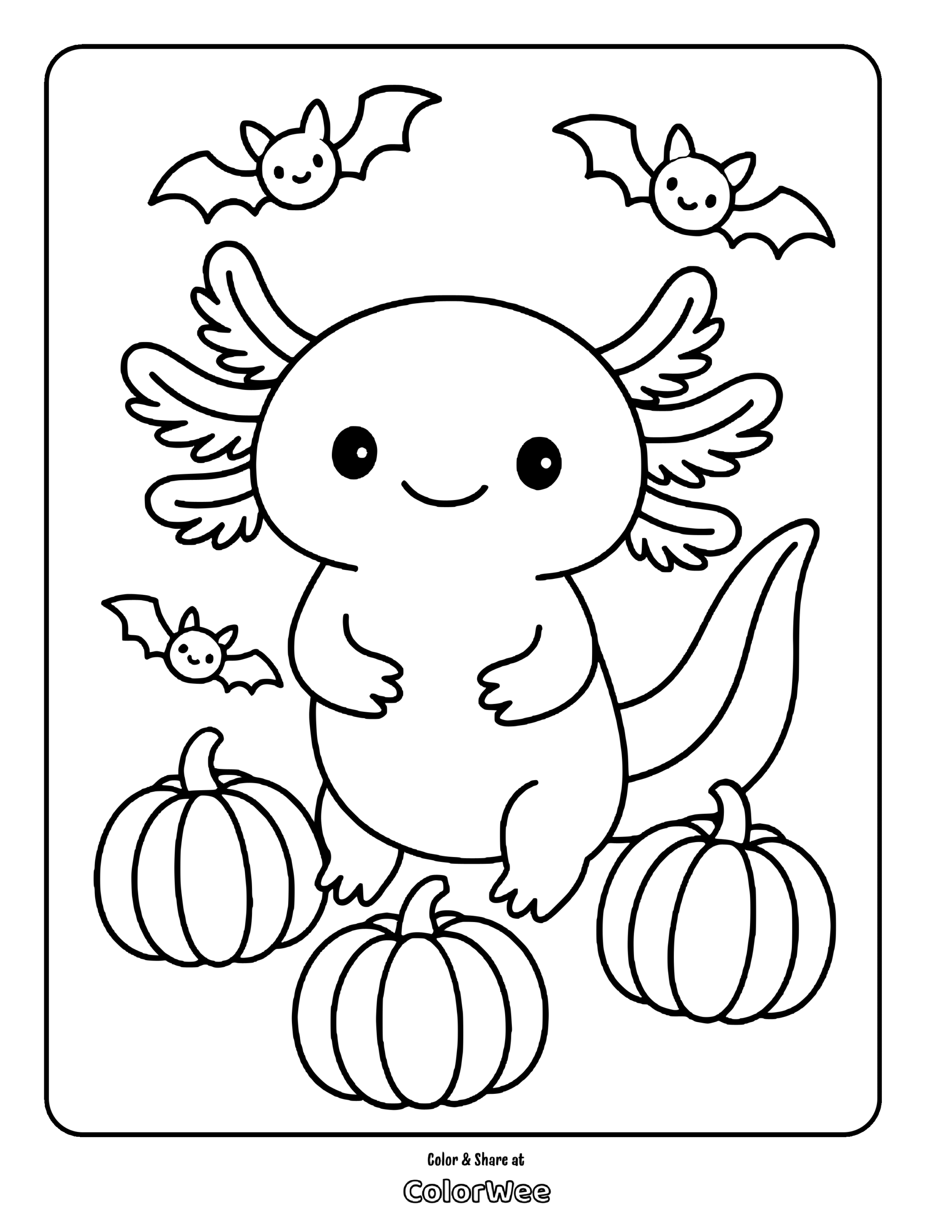 Cute axolotl coloring page with bats and pumpkins.